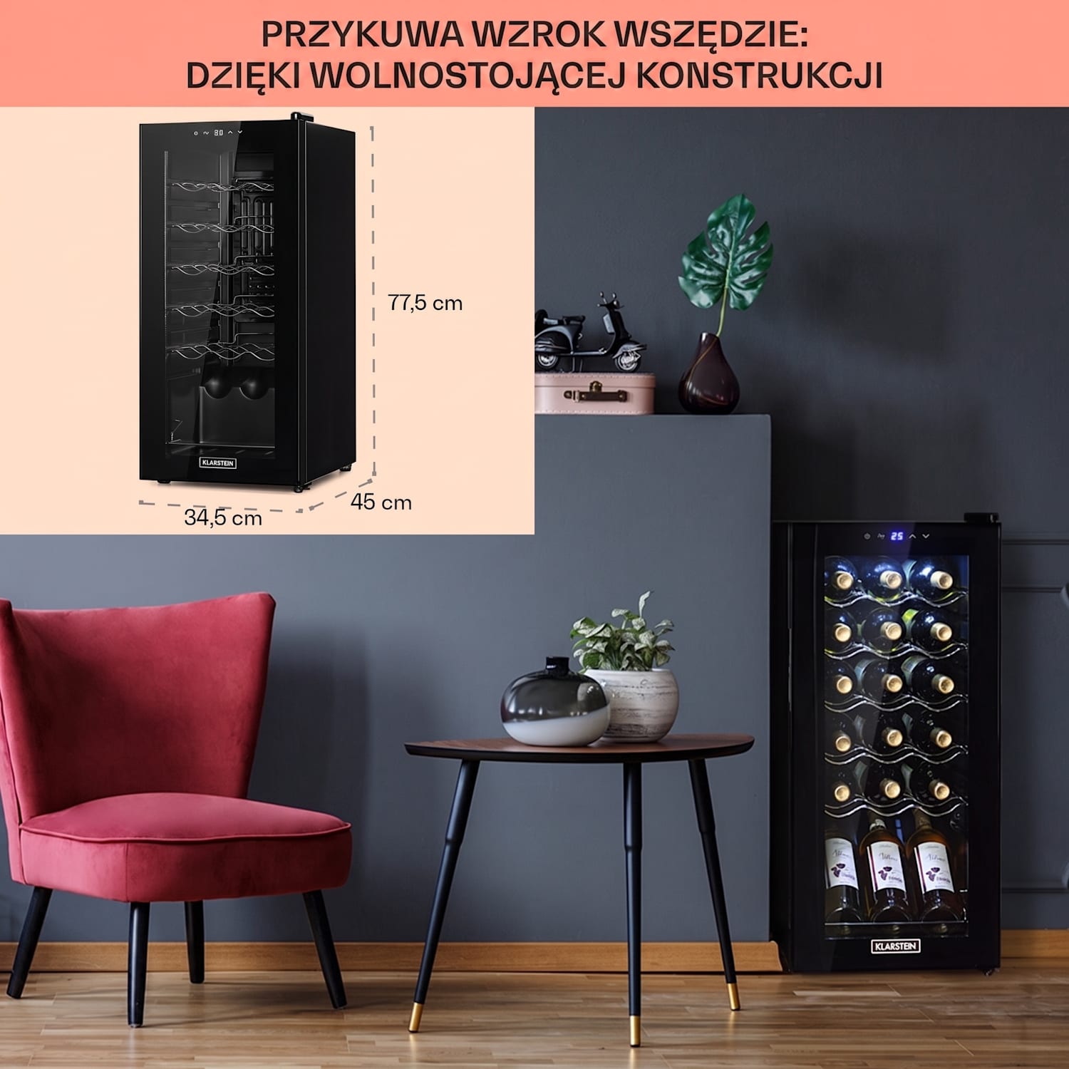Shiraz 18 Slim Uno, chłodziarka do wina, 50 l, 18 butelek, dotykowy panel sterowania, 5-18°C 18 butelek | 1 strefa chłodzenia | Czarny