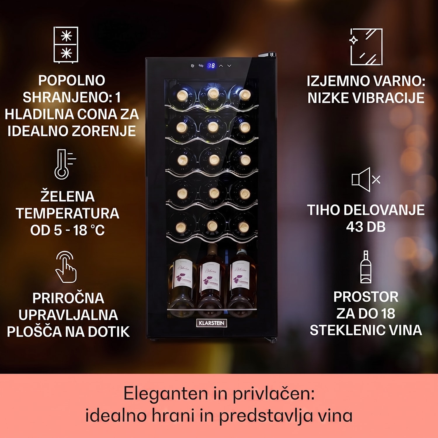 Shiraz 18 Uno, hladilnik za vino, 50 l, 18 steklenic, nadzorna plošča na dotik, 5-18 °C 18 steklenic | 1 | Črna