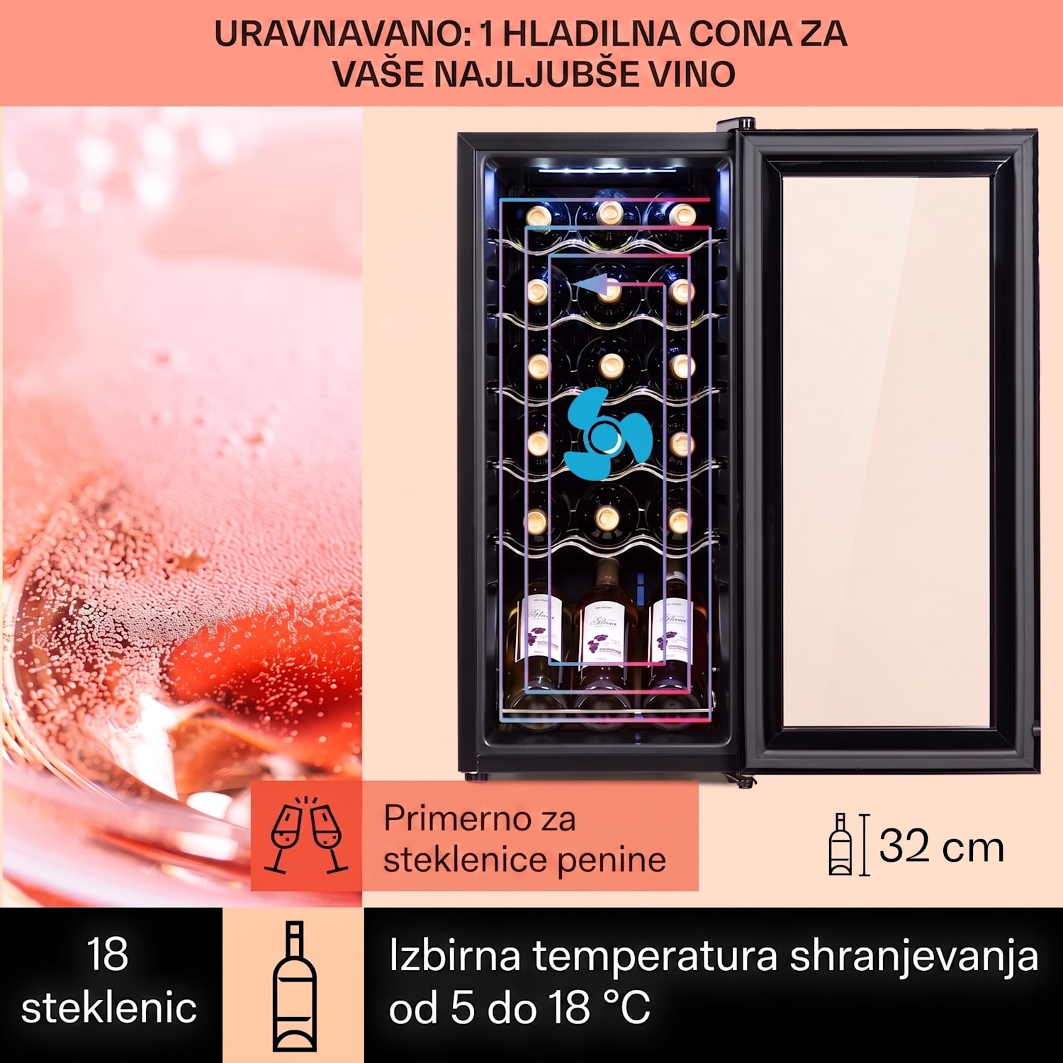 Shiraz 18 Uno, hladilnik za vino, 50 l, 18 steklenic, nadzorna plošča na dotik, 5-18 °C 18 steklenic | 1 | Črna