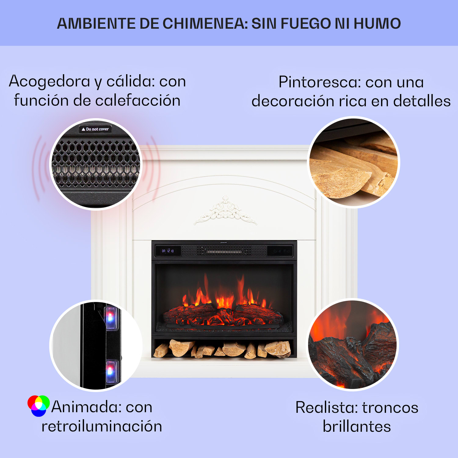 Chimenea eléctrica Vulsini Dawn 1900 W tecnología LED mando a distancia Estructura de chimenea en estilo de casa de campo | Blanco