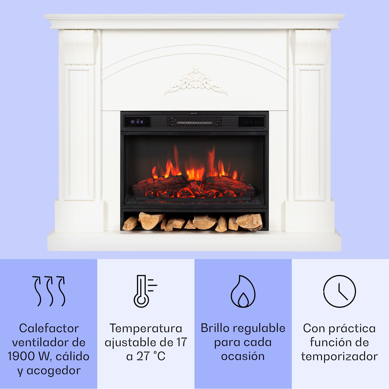 Chimenea eléctrica Vulsini Dawn 1900 W tecnología LED mando a distancia Estructura de chimenea en estilo de casa de campo | Blanco