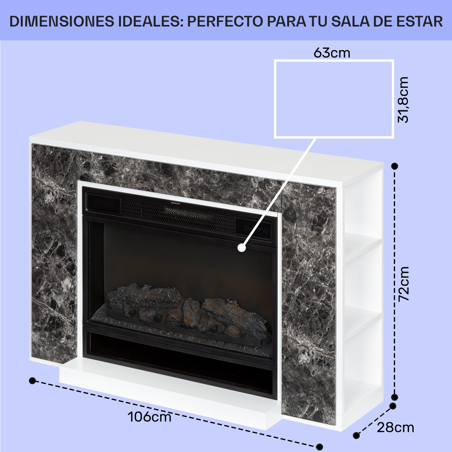 Vulsini Nightfall Chimenea eléctrica 1900 W Tecnología led Mando a distancia Estructura de chimenea con aspecto de mármol | Mármol de Breccia Gris