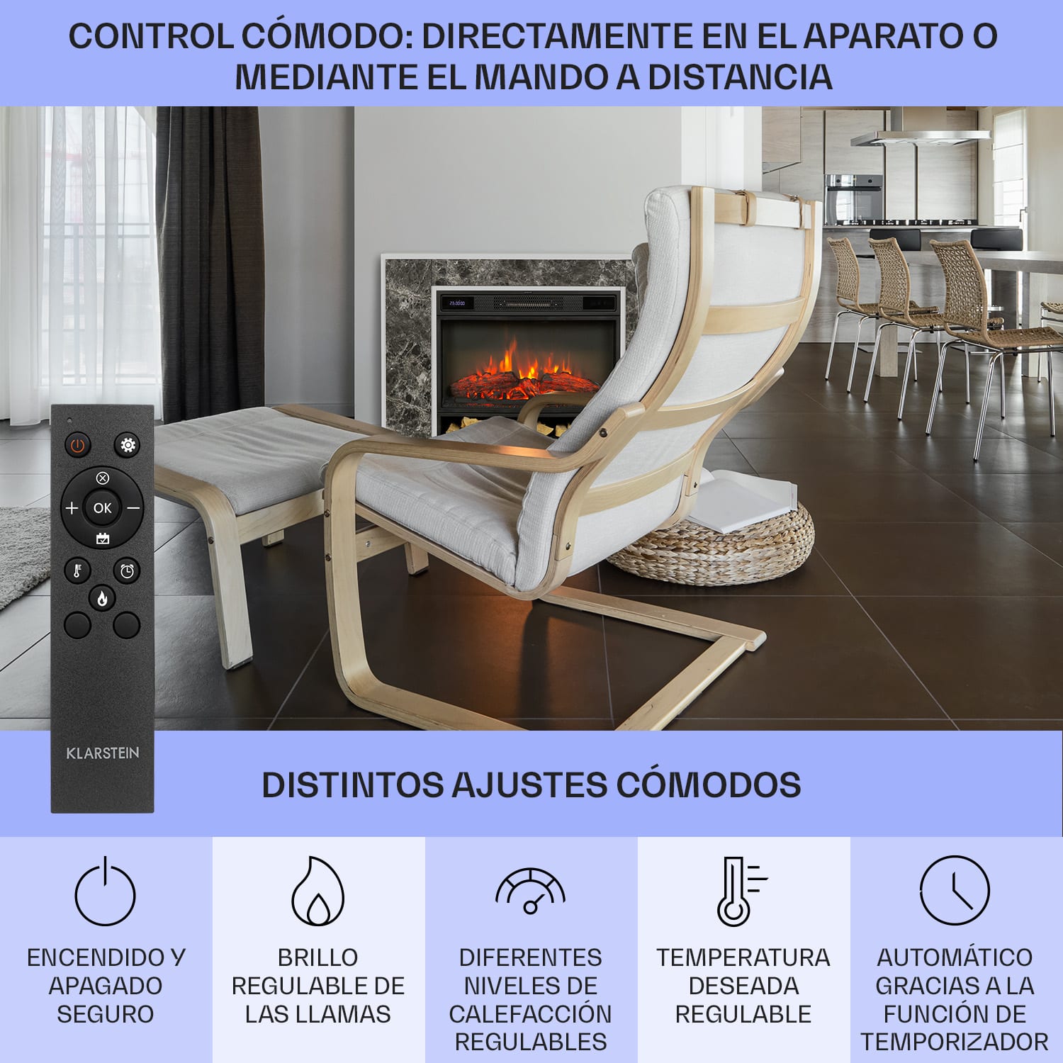 Vulsini Nightfall Chimenea eléctrica 1900 W Tecnología led Mando a distancia Estructura de chimenea con aspecto de mármol | Mármol de Breccia Gris