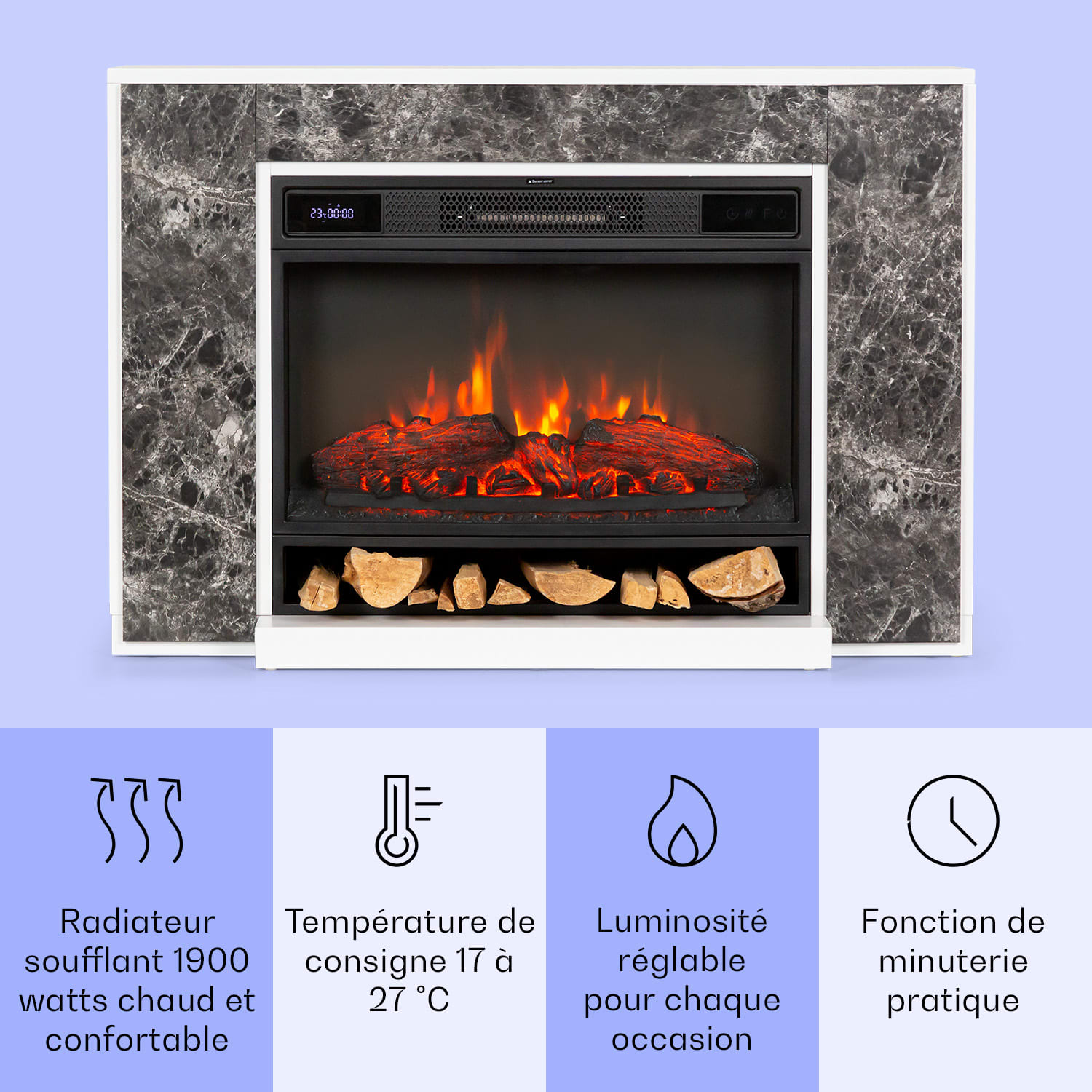 Vulsini Nightfall Cheminée électrique 1900 W Technologie LED Télécommande Corps de cheminée style marble | Marbre Breccia Gris