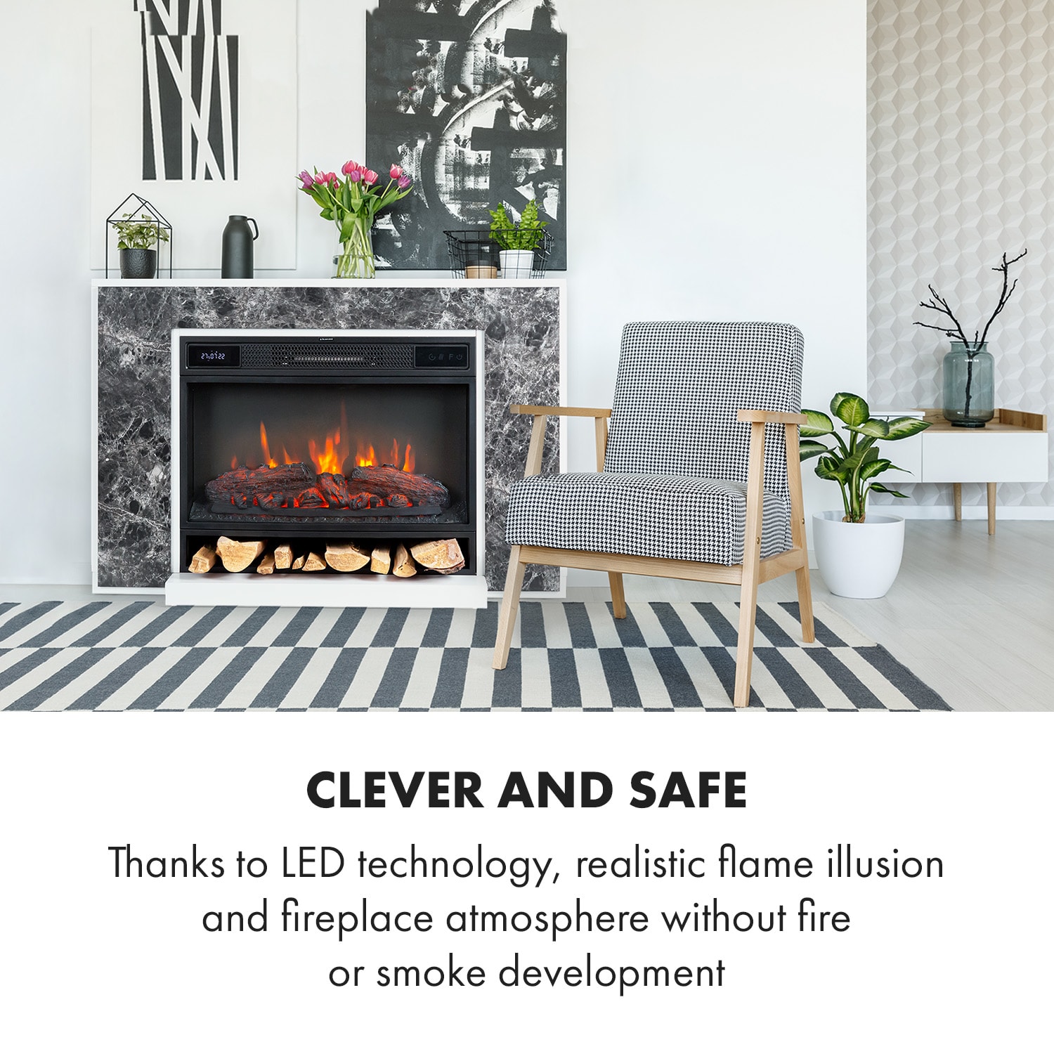 Vulsini Nightfall Lareira elétrica 1900 W Tecnologia LED Comando de controlo remoto Estrutura em aspecto de mármore | Mármore Breccia Cinzenta