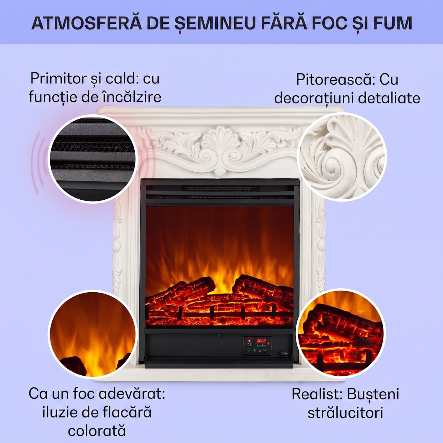 Etna Pozzolana, șemineu electric, 1800 W, cronometru săptămânal, telecomandă, alb 
