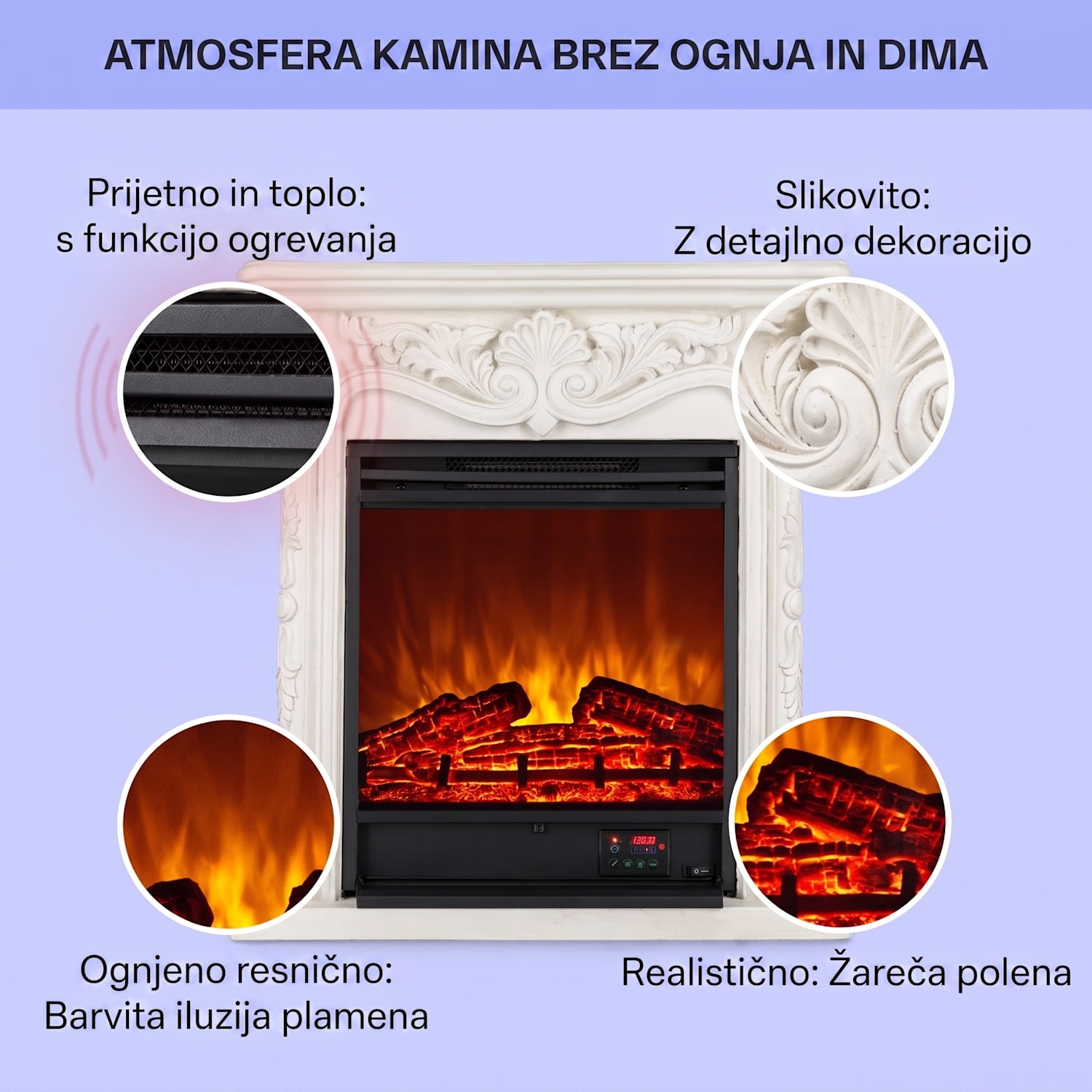 Etna Pozzolana, električni kamin, 1800 W, tedenski časovnik, daljinski upravljalnik, bel 