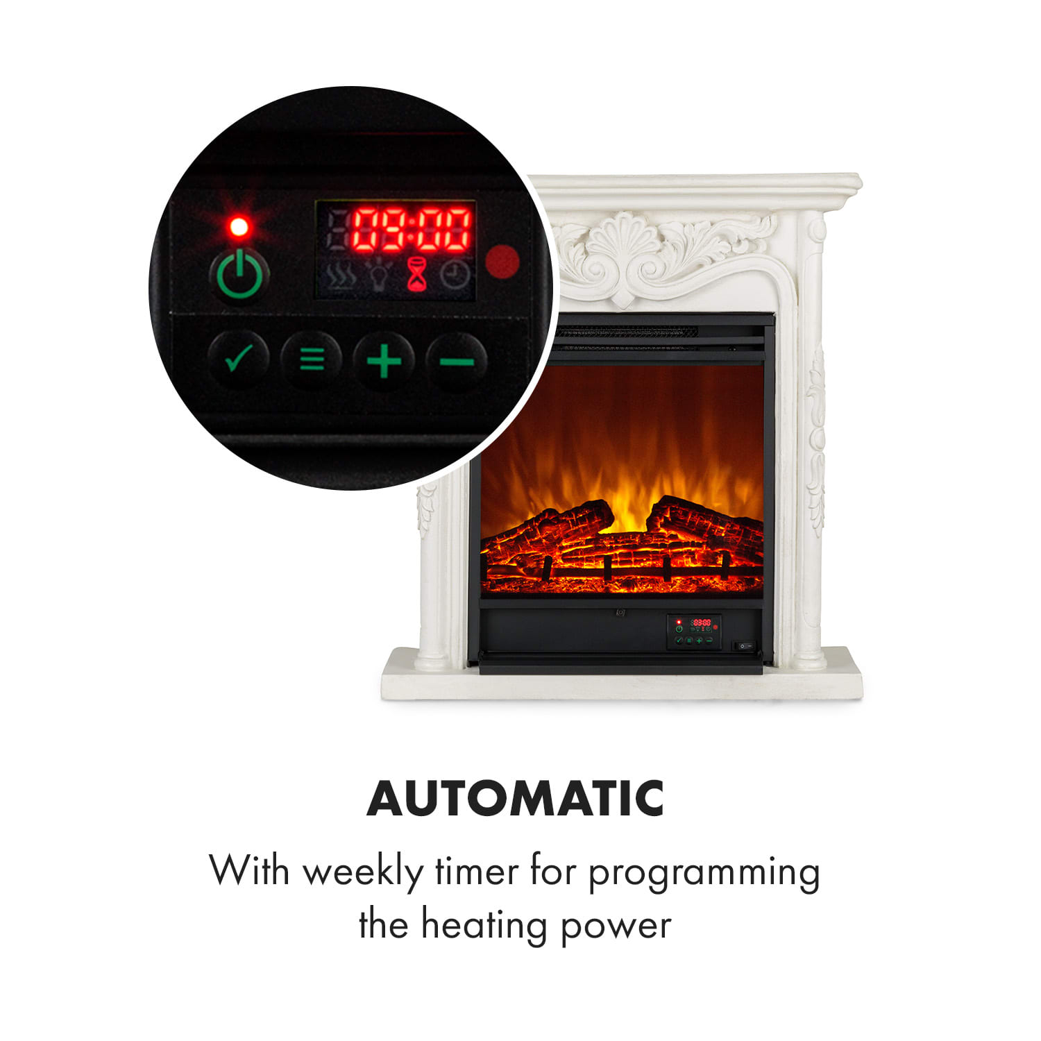 Lareira elétrica Etna Pozzolana, 1800 W, temporizador semanal, controlo remoto Branco | Branco