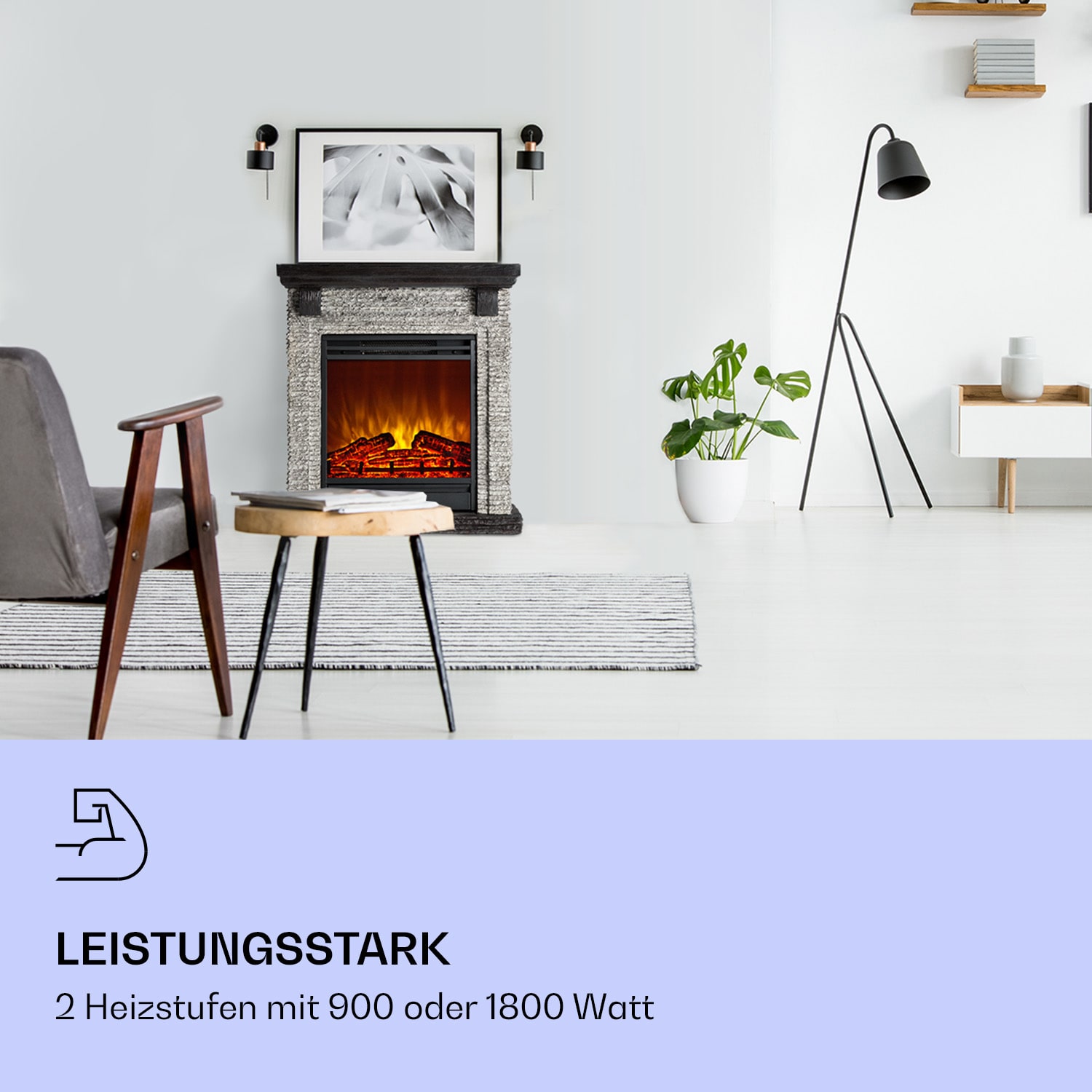 Etna Elektrokamin 1800W Wochentimer Fernbedienung LED Cool Gray Stone