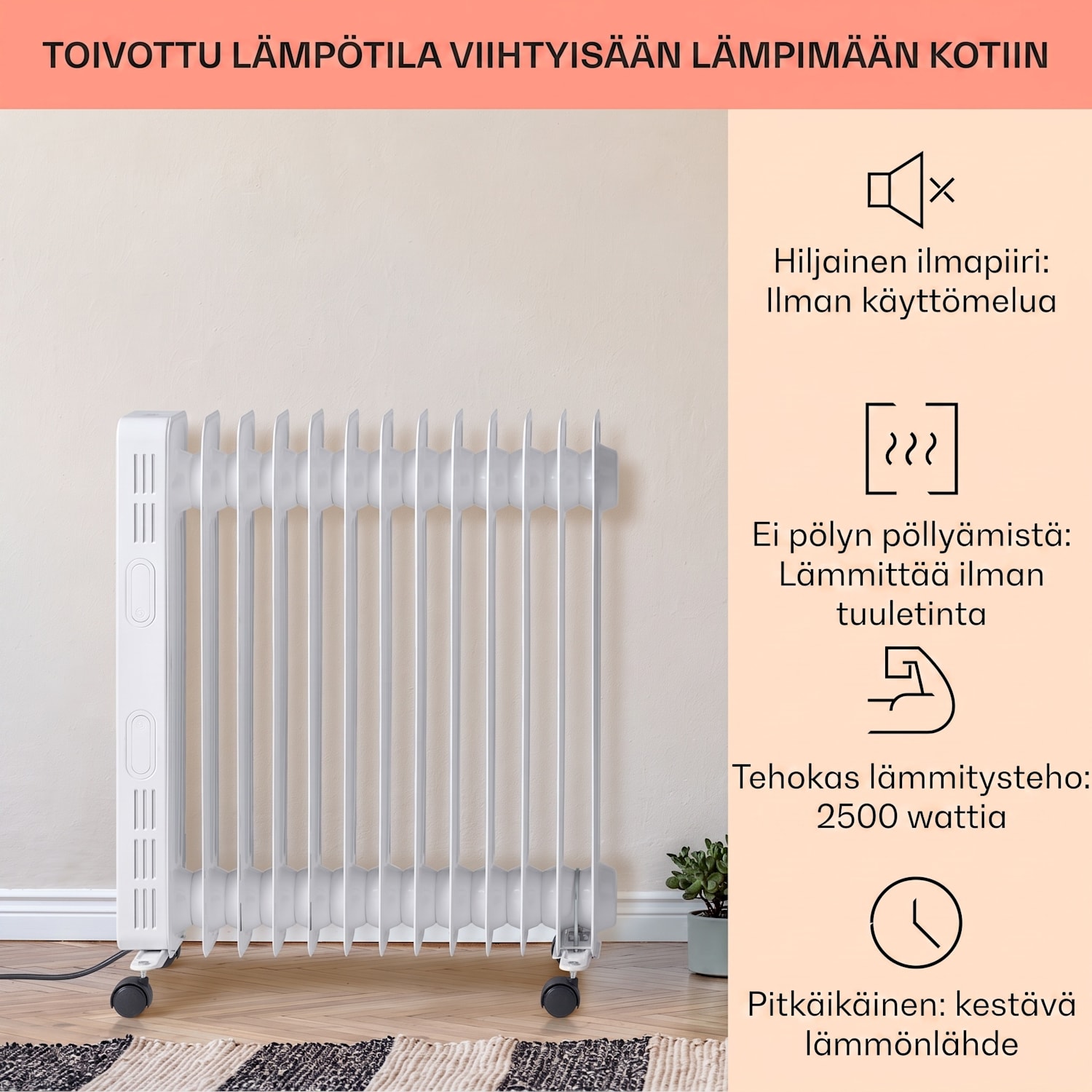 Thermaxx Heatstream öljytäytteinen lämmitin 2500 W 5–35 °C 24 h ajastin valkoinen Valkoinen