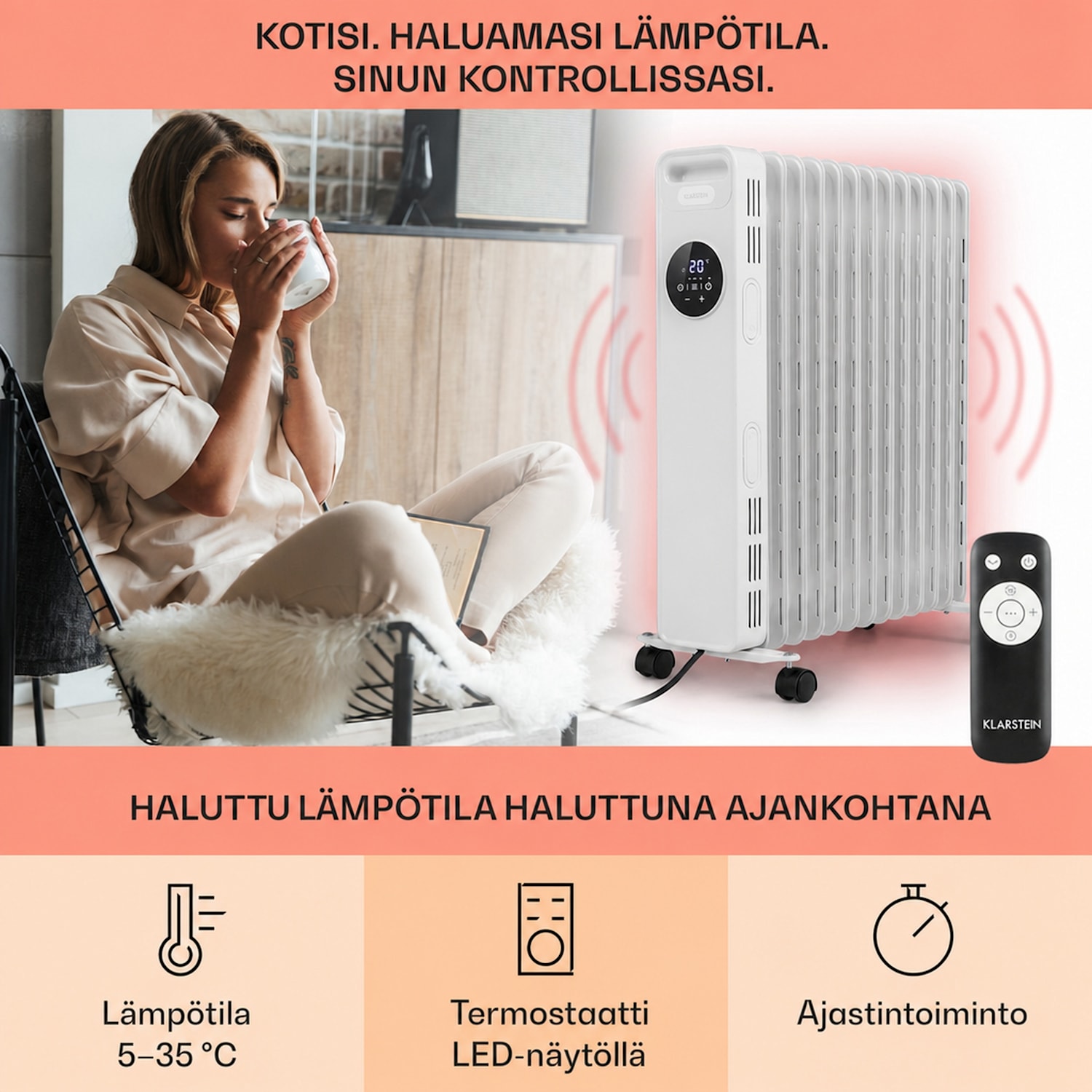 Thermaxx Heatstream öljytäytteinen lämmitin 2500 W 5–35 °C 24 h ajastin valkoinen Valkoinen