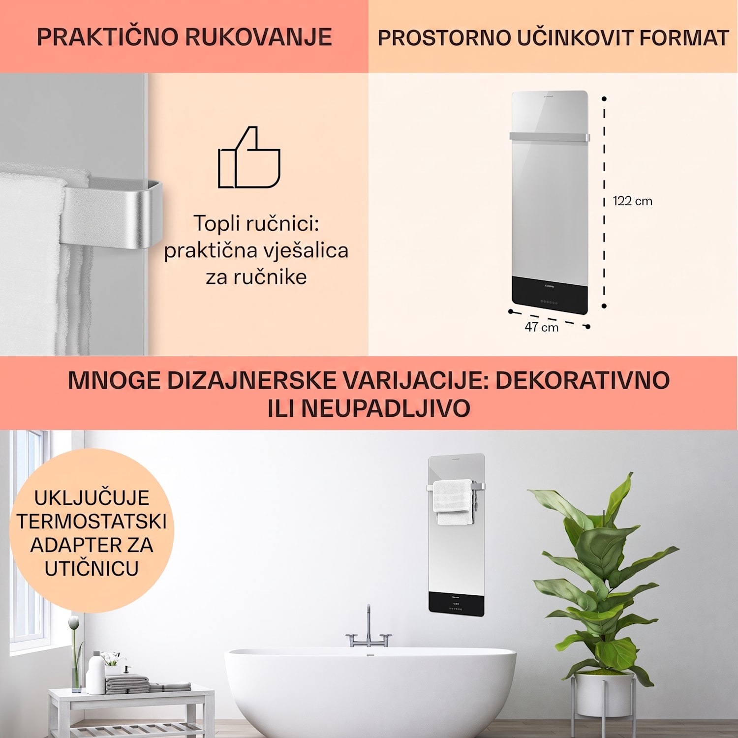 Hot Spot Crystal Reflect Smart, infracrveni grijač, 850 W, aplikacija, tajmer, ogledalo 850 W | Da