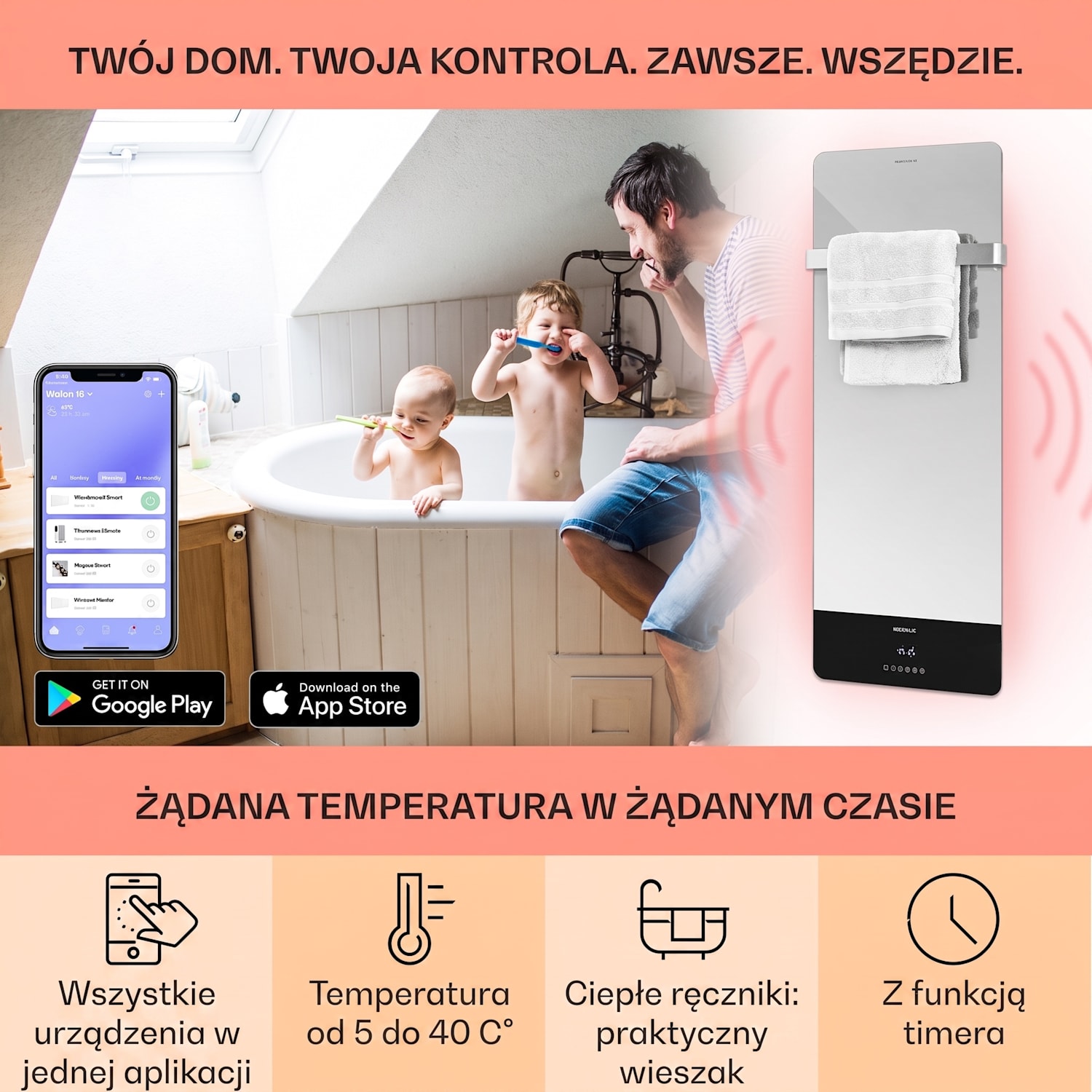 Hot Spot Crystal Reflect Smart, panel grzewczy na podczerwień, 850 W, aplikacja, timer, lustro 850 W | Tak