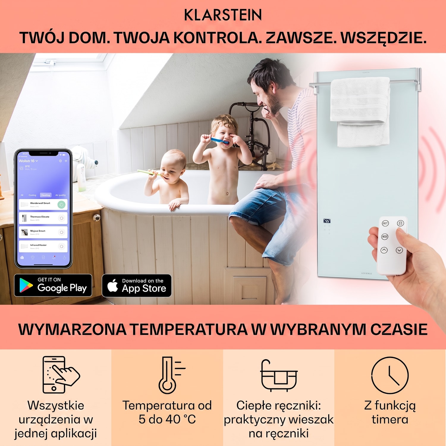 Hot Spot Crystal Spotless Smart, panel grzewczy na podczerwień, 750 W, aplikacja, kolor biały 750 W | Tak