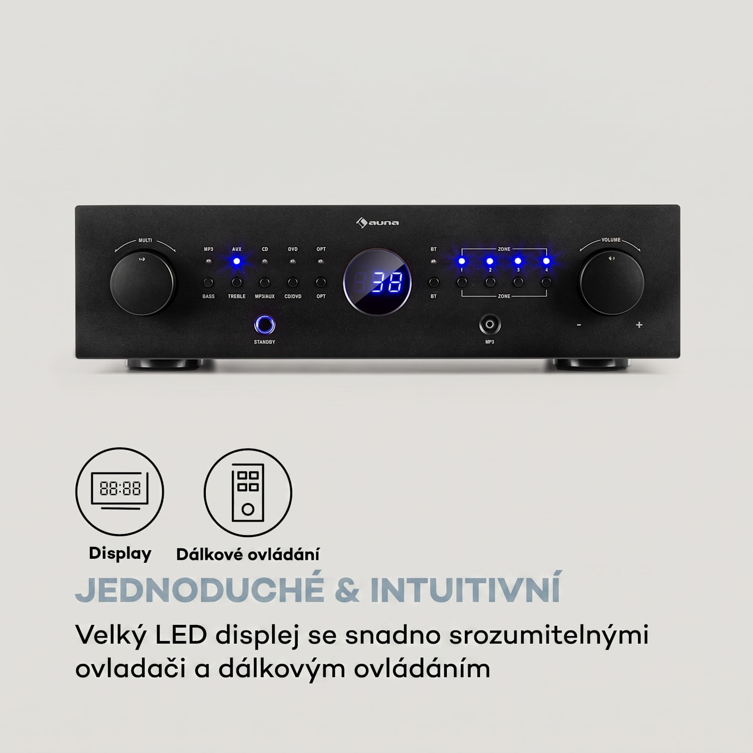 AMP-CD950 DG, digitální vícekanálový zesilovač, 8 x 100 W, BT, opt. vstup, dálkové ovládání Černá