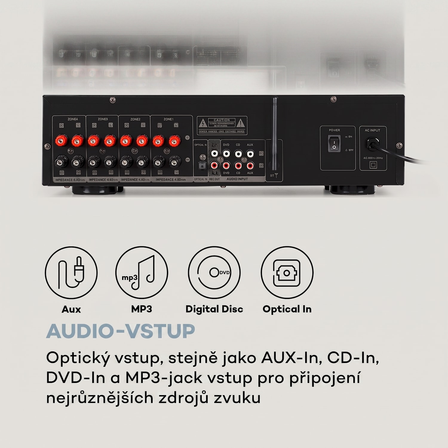 AMP-CD950 DG, digitální vícekanálový zesilovač, 8 x 100 W, BT, opt. vstup, dálkové ovládání Černá