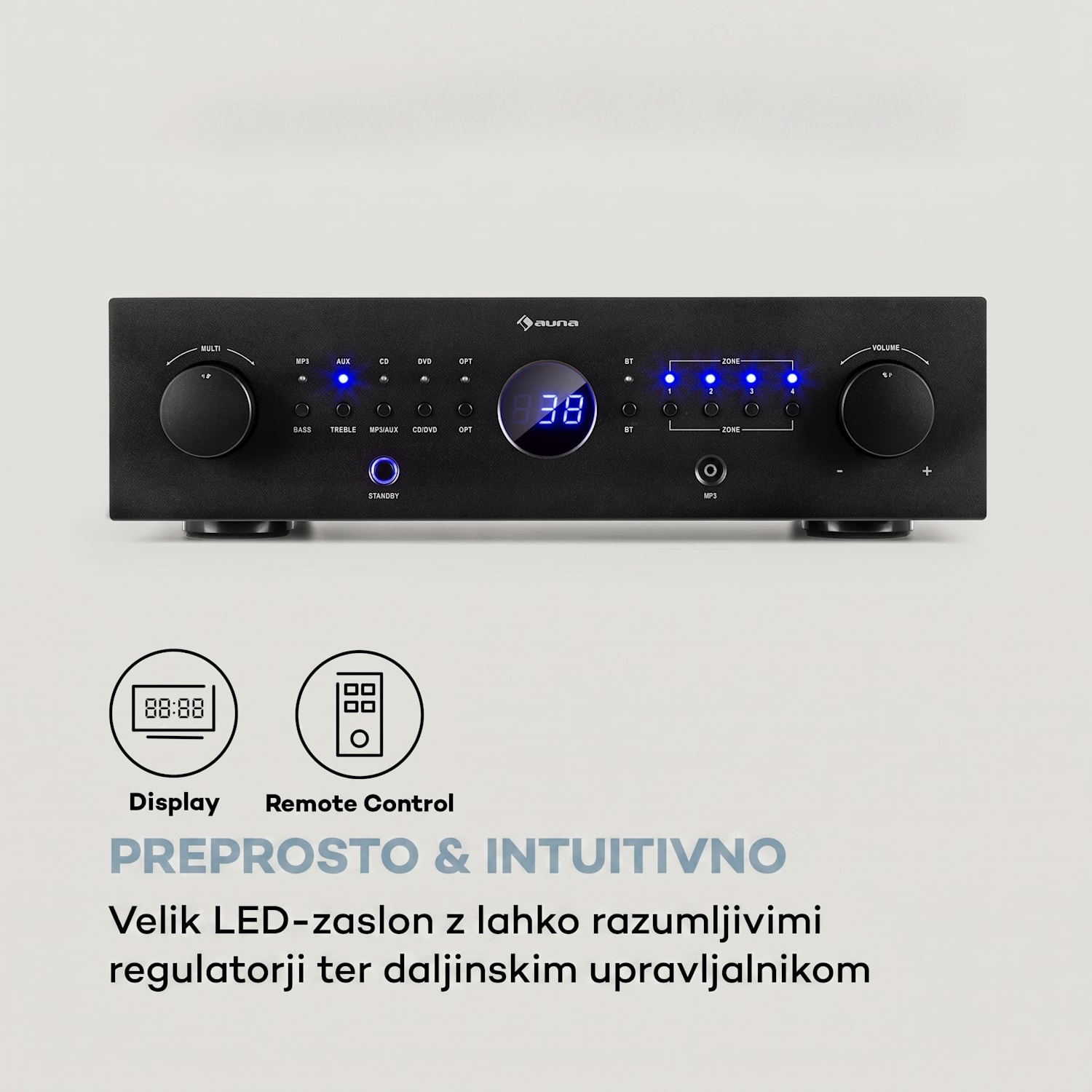 AMP-CD950 DG, digitalni večkanalni ojačevalnik, 8 x 100 W, BT, opt. vhod, daljinski upravljalnik Črna