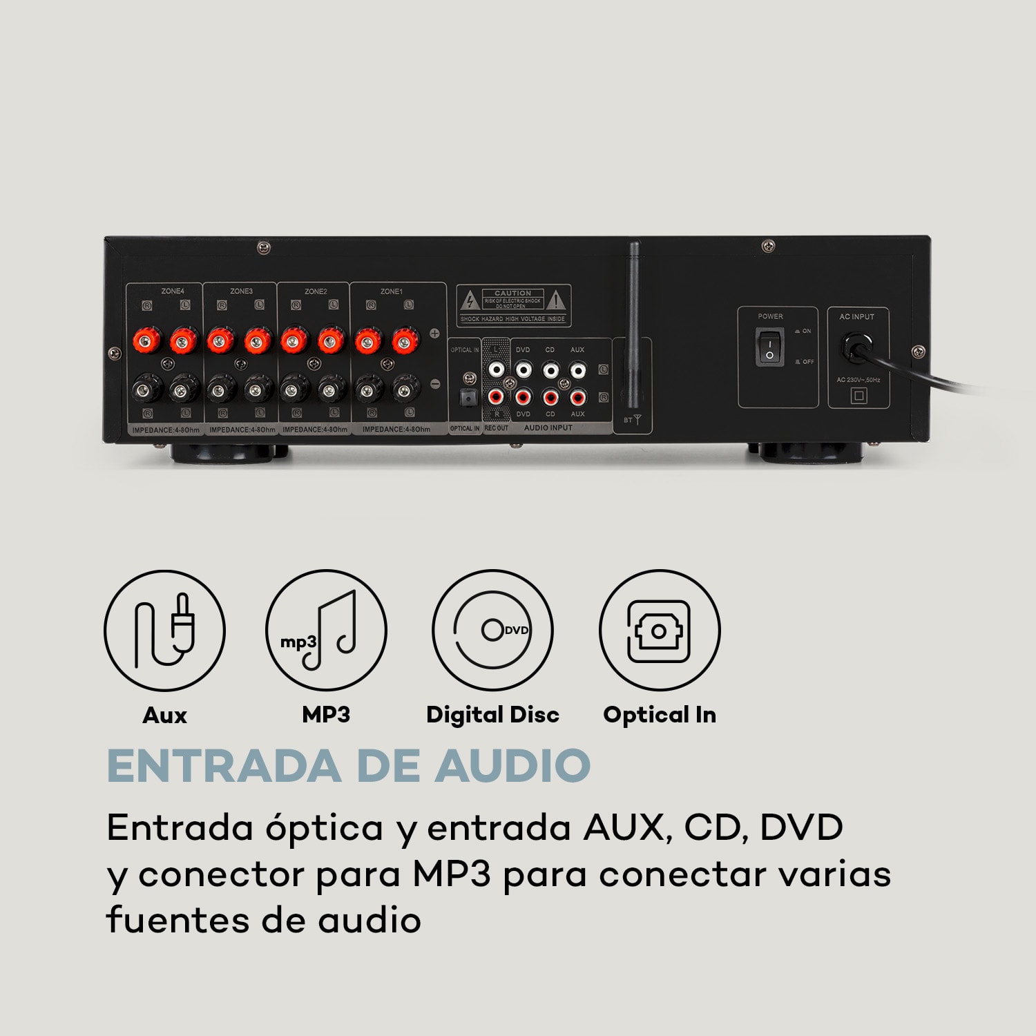 AMP-CD950 DG Amplificador digital multicanal 8x100W BT Entrada Opt Mando a distancia Plata Metálica