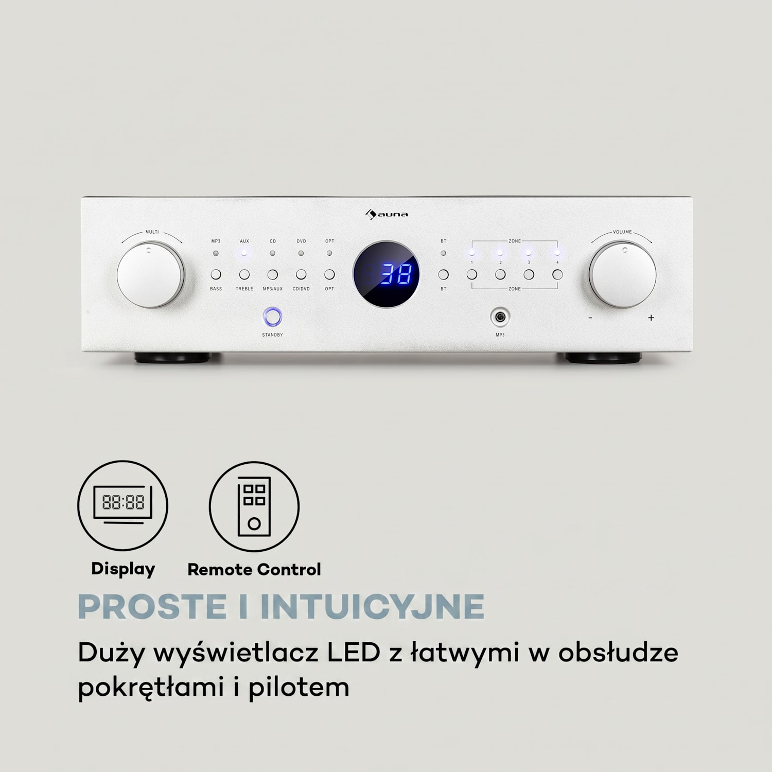 AMP-CD950 DG, wielokanałowy wzmacniacz cyfrowy, 8 x 100 W, BT, wejście optyczne, pilot zdalnego sterowania Srebrny Metal
