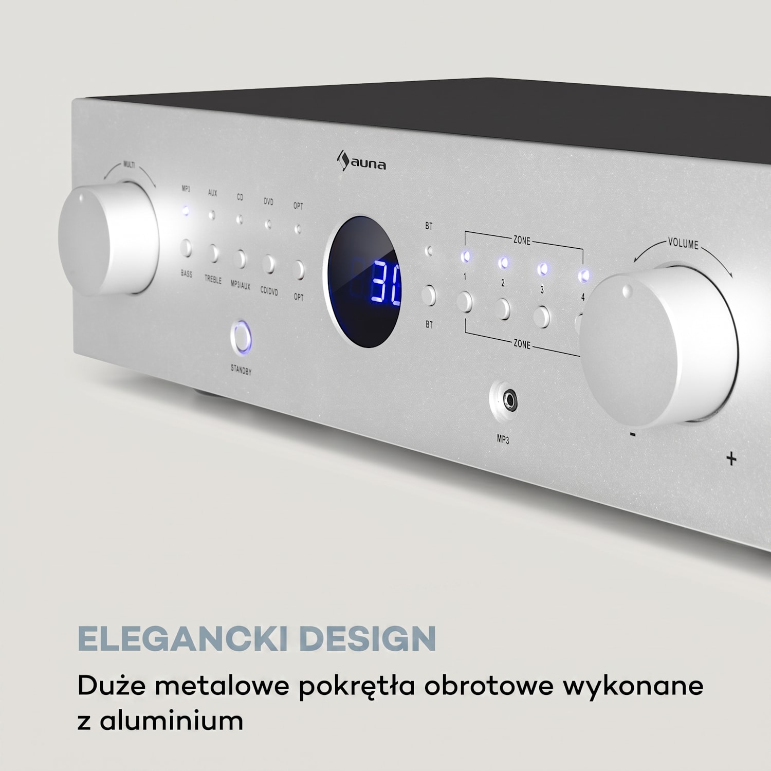 AMP-CD950 DG, wielokanałowy wzmacniacz cyfrowy, 8 x 100 W, BT, wejście optyczne, pilot zdalnego sterowania Srebrny Metal