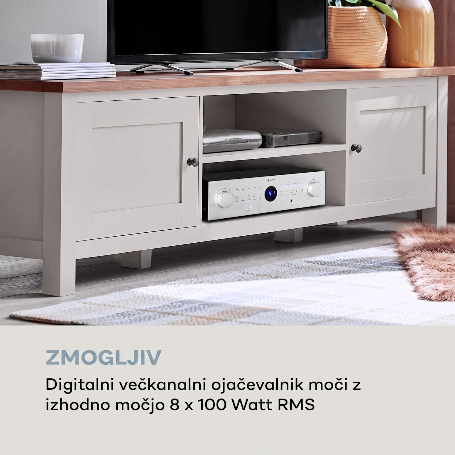 AMP-CD950 DG, digitalni večkanalni ojačevalnik, 8 x 100 W, BT, opt. vhod, daljinski upravljalnik Srebrna kovinska barva