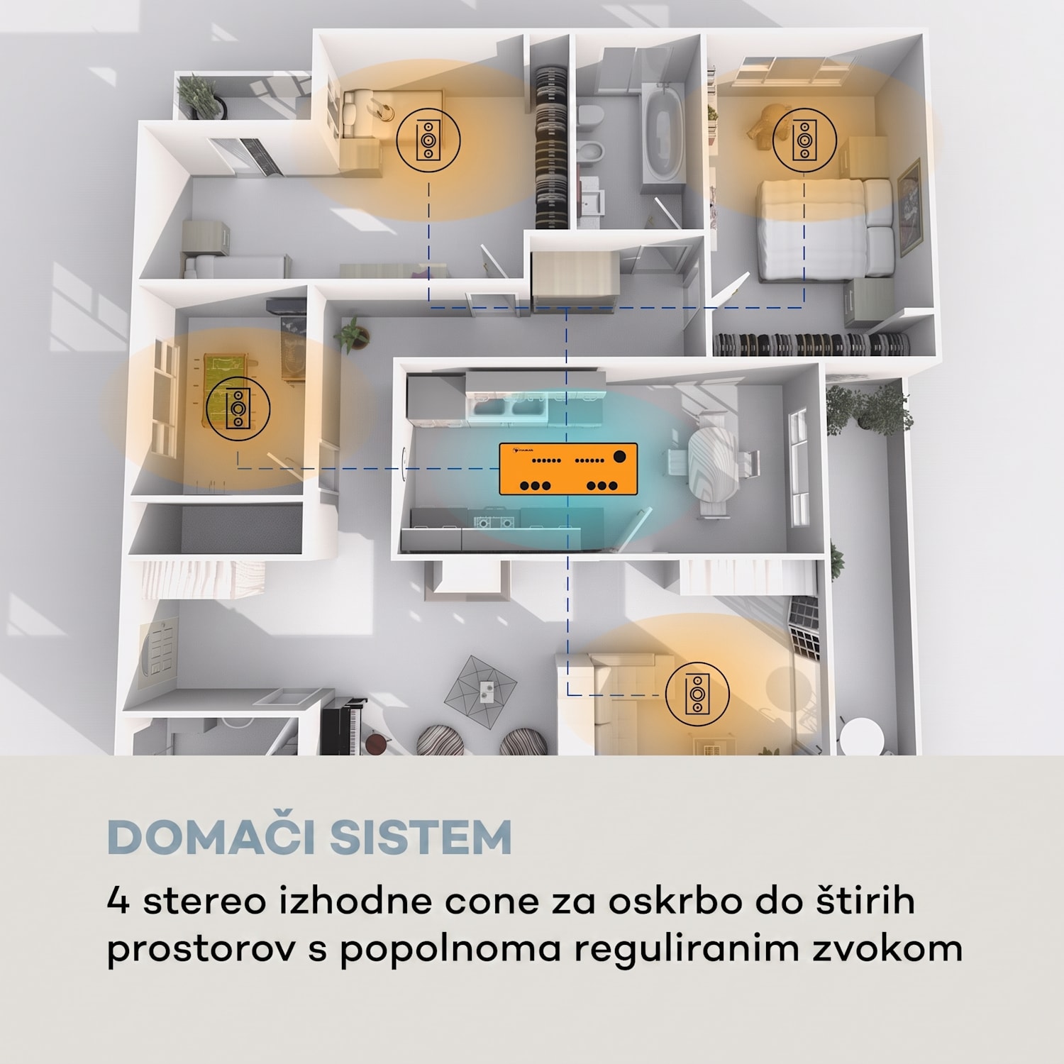 AMP-CD950 DG, digitalni večkanalni ojačevalnik, 8 x 100 W, BT, opt. vhod, daljinski upravljalnik Srebrna kovinska barva