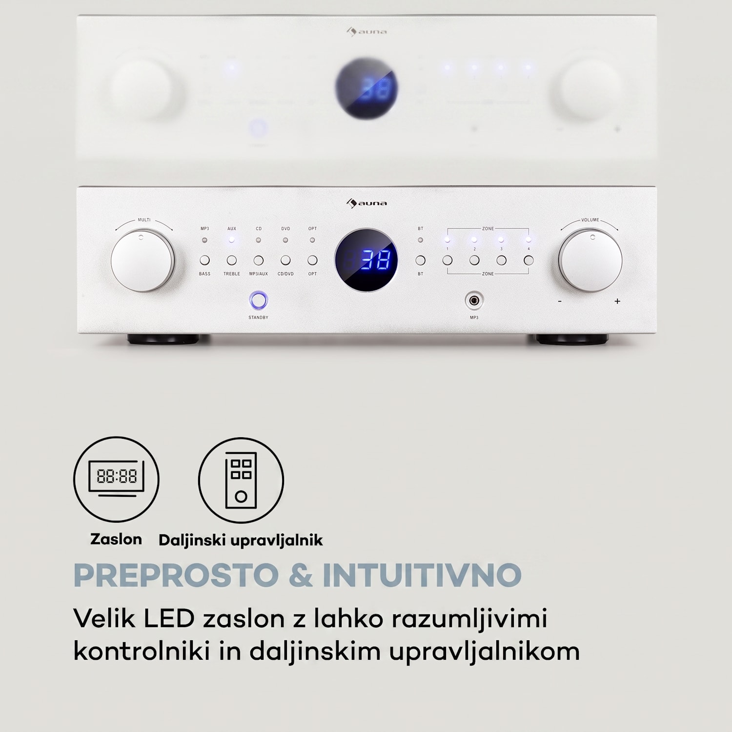 AMP-CD950 DG, digitalni večkanalni ojačevalnik, 8 x 100 W, BT, opt. vhod, daljinski upravljalnik Srebrna kovinska barva