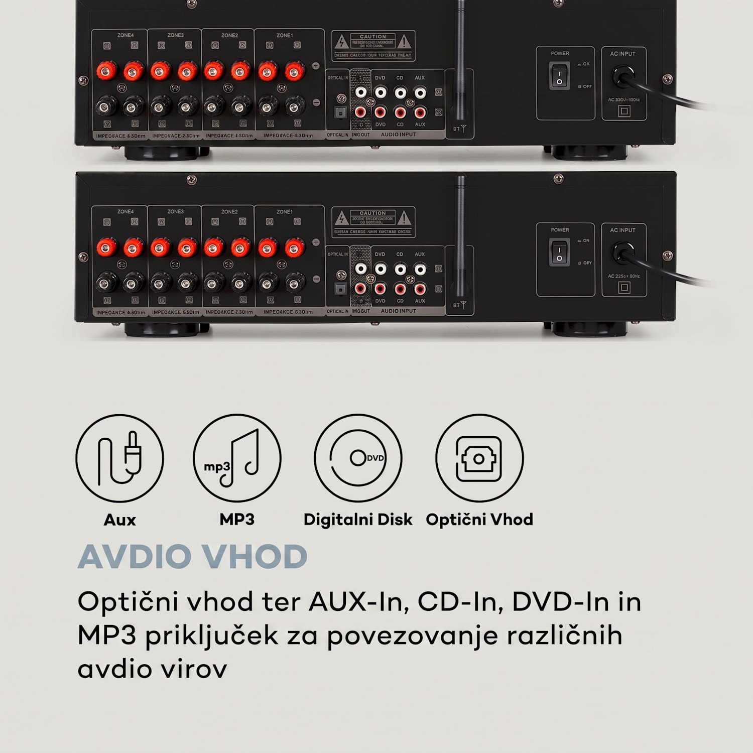 AMP-CD950 DG, digitalni večkanalni ojačevalnik, 8 x 100 W, BT, opt. vhod, daljinski upravljalnik Srebrna kovinska barva