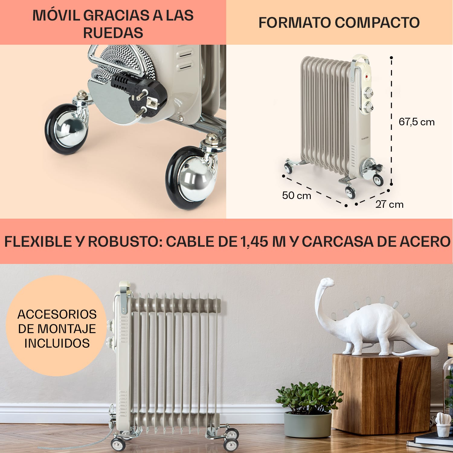 Thermaxx Retroheat Radiador de aceite 2500W Ruedas Taupe Arena