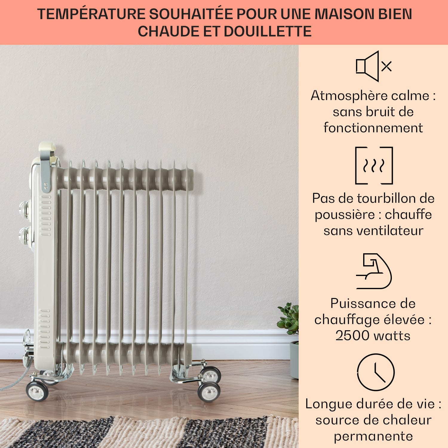 Thermaxx Retroheat radiateur à bain d'huile 2500 W roulettes taupe Sable