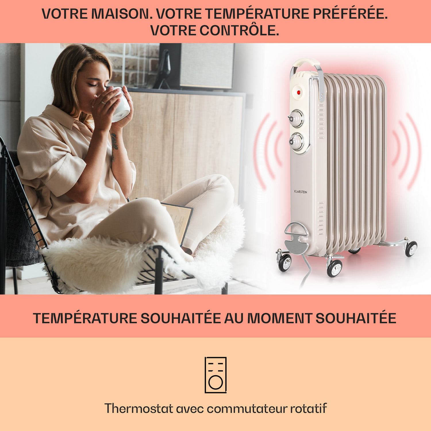 Thermaxx Retroheat radiateur à bain d'huile 2500 W roulettes taupe Sable