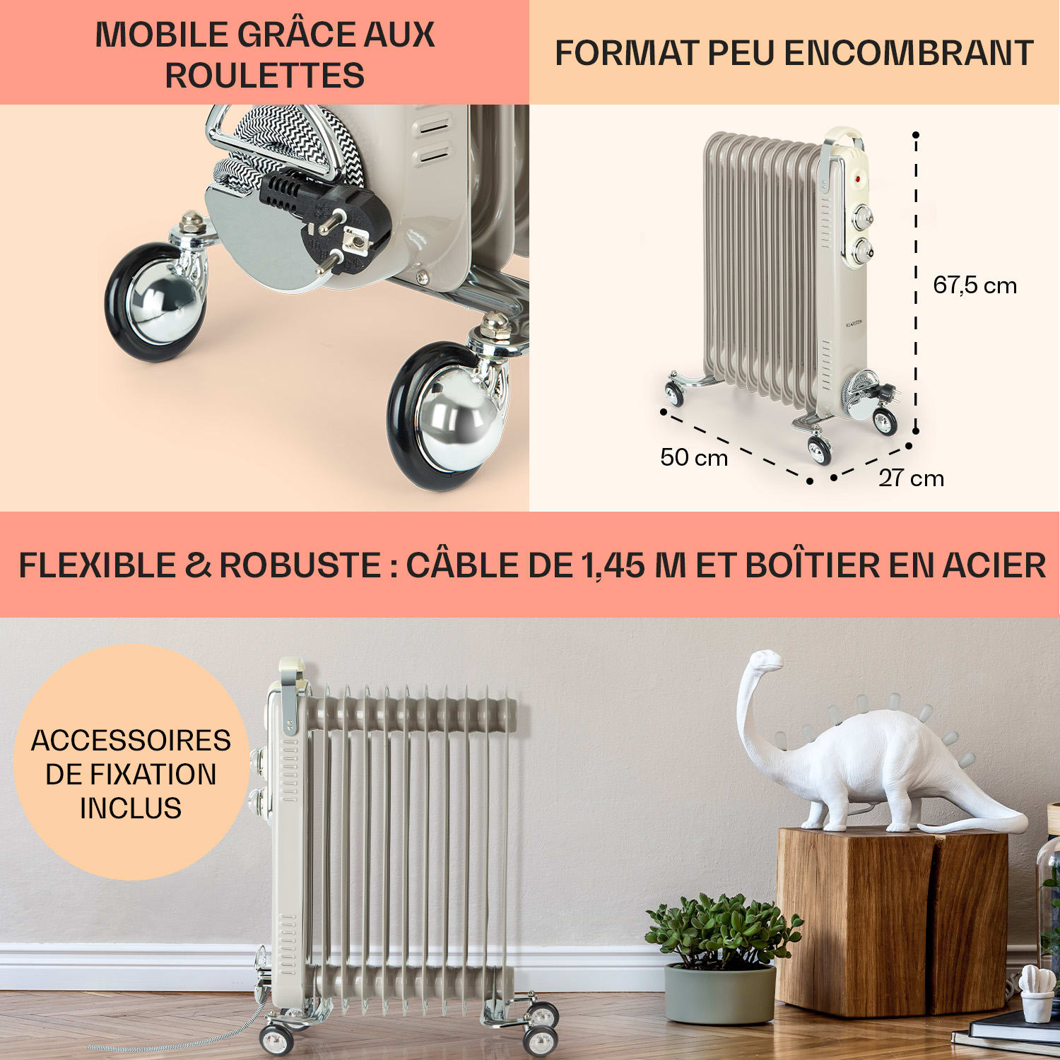 Thermaxx Retroheat radiateur à bain d'huile 2500 W roulettes taupe Sable