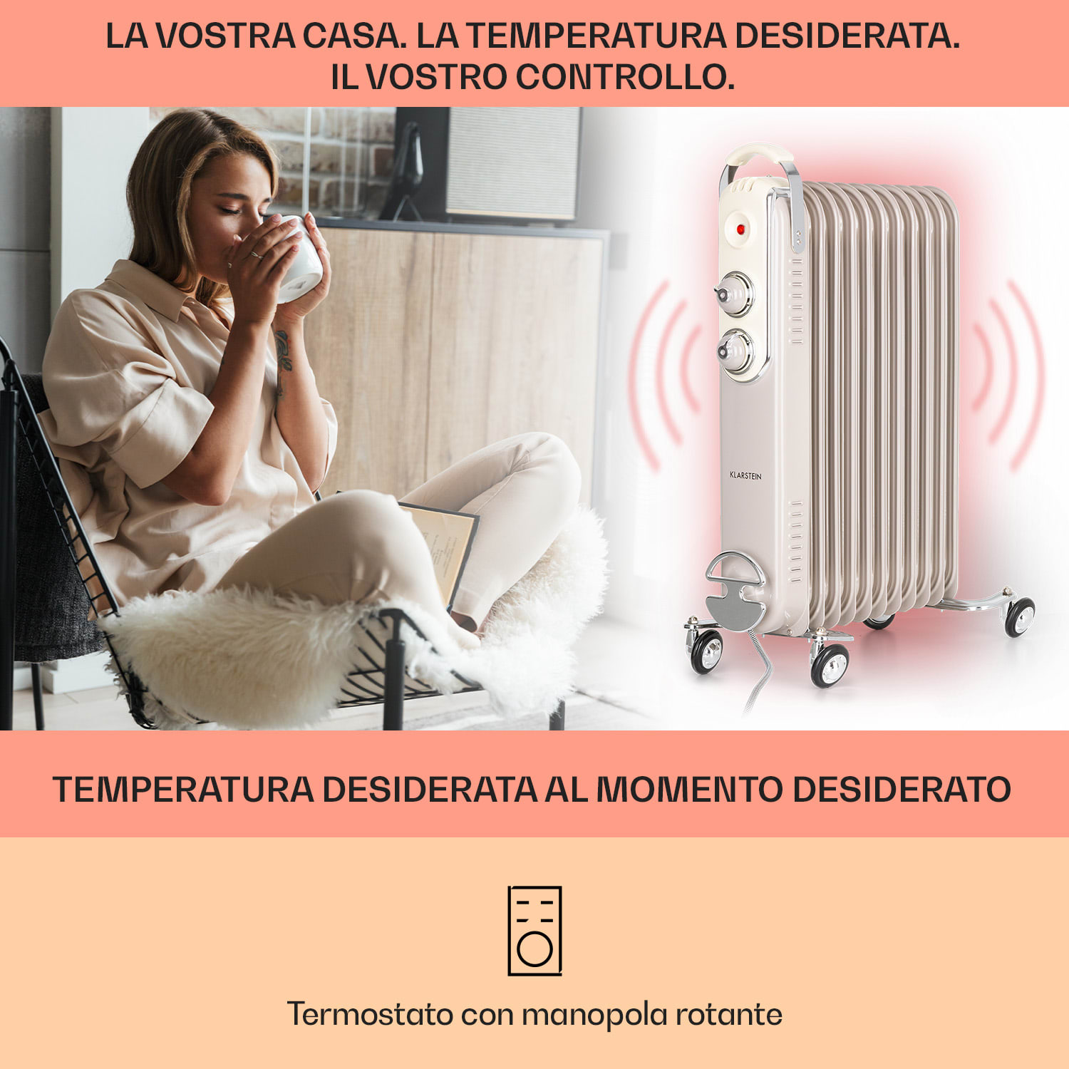 Thermaxx Retroheat radiatore a olio 2500W ruote talpa Sabbia