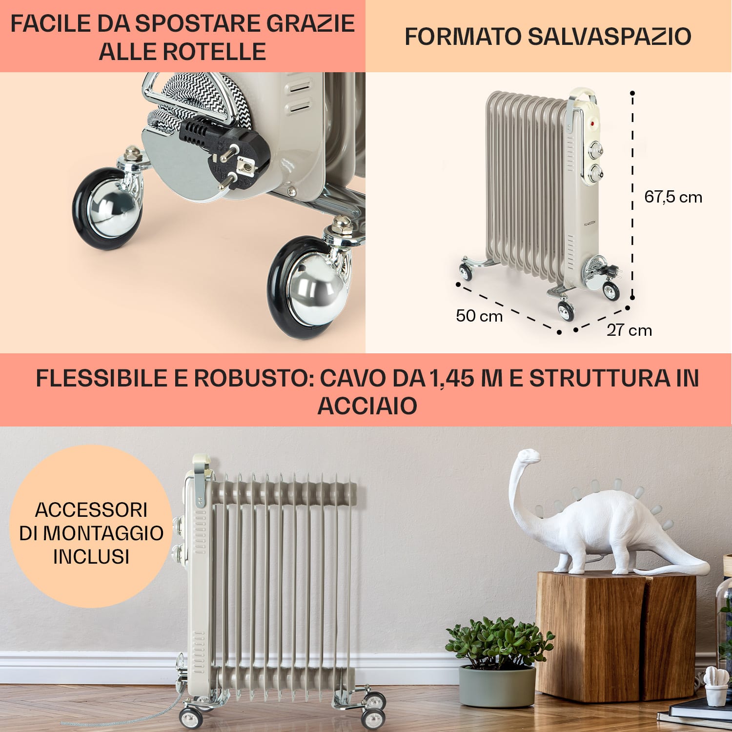 Thermaxx Retroheat radiatore a olio 2500W ruote talpa Sabbia