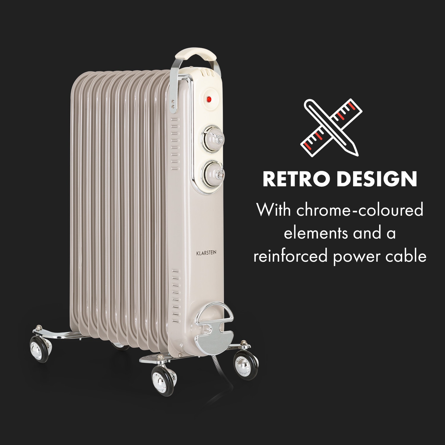 Thermaxx Retroheat, grzejnik olejowy, 2500 W, kółka, kolor szarobrązowy (ciemnoszary) Piasek