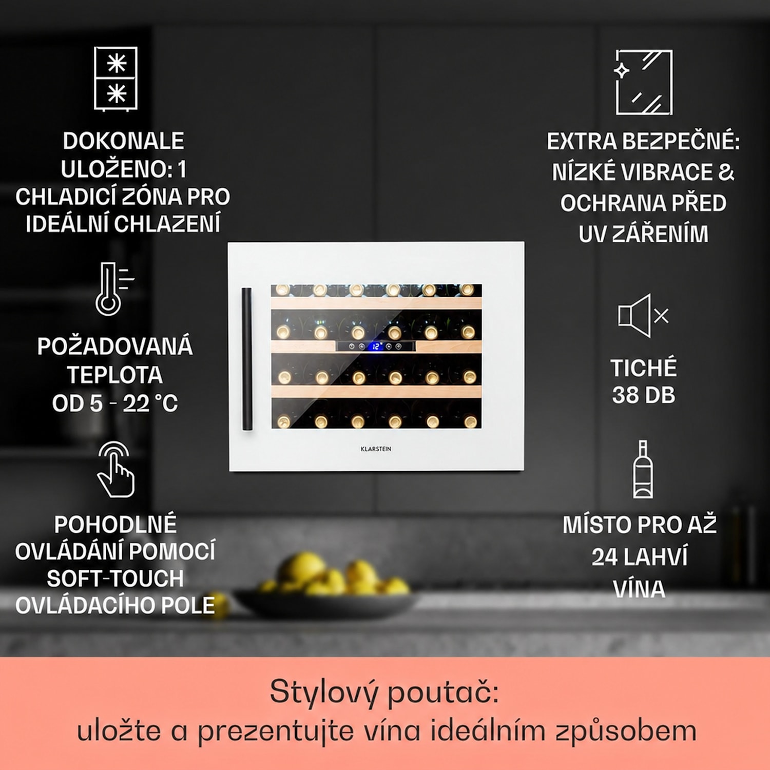 Vinsider 24D Built-In, vestavná vinotéka, Quartz Edition 24_bottles | 1 chladící zóna | Bílá