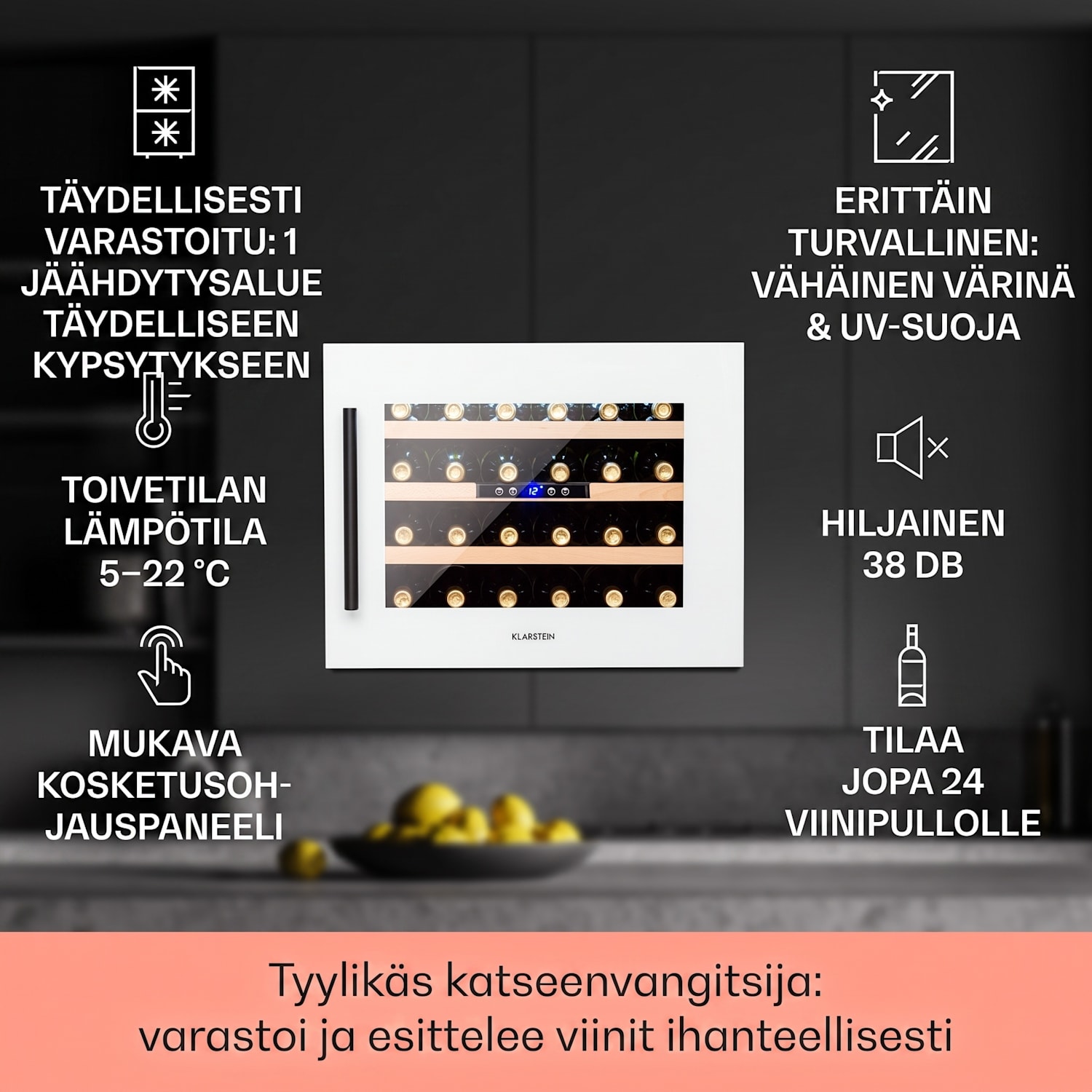 Vinsider 24 Built-In Uno -viinikaappi integroitava 24 pullolle 57 litraa 24 pulloa  | 1 jäähdytysalue | Valkoinen