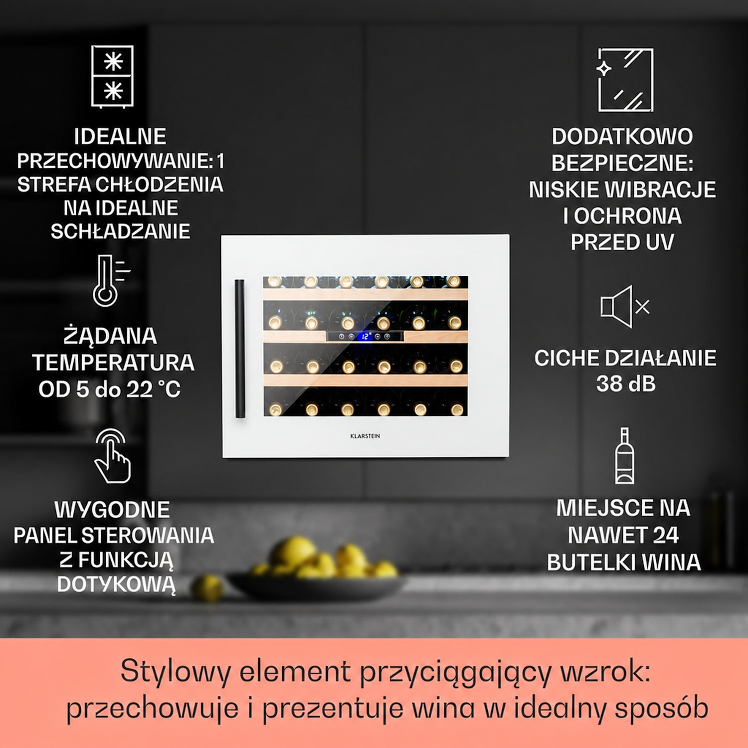 Vinsider 24D Built-In Duo Quartz Edition, chłodziarka do wina, do zabudowy 24_bottles | 1 strefa chłodzenia | Biały