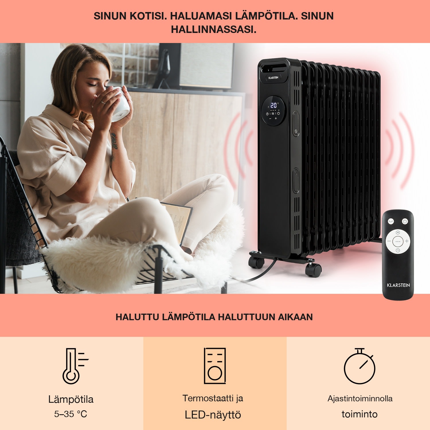 Thermaxx Heatstream öljytäytteinen lämmitin 2500 W 5-35 °C 24 tunnin ajastin Musta