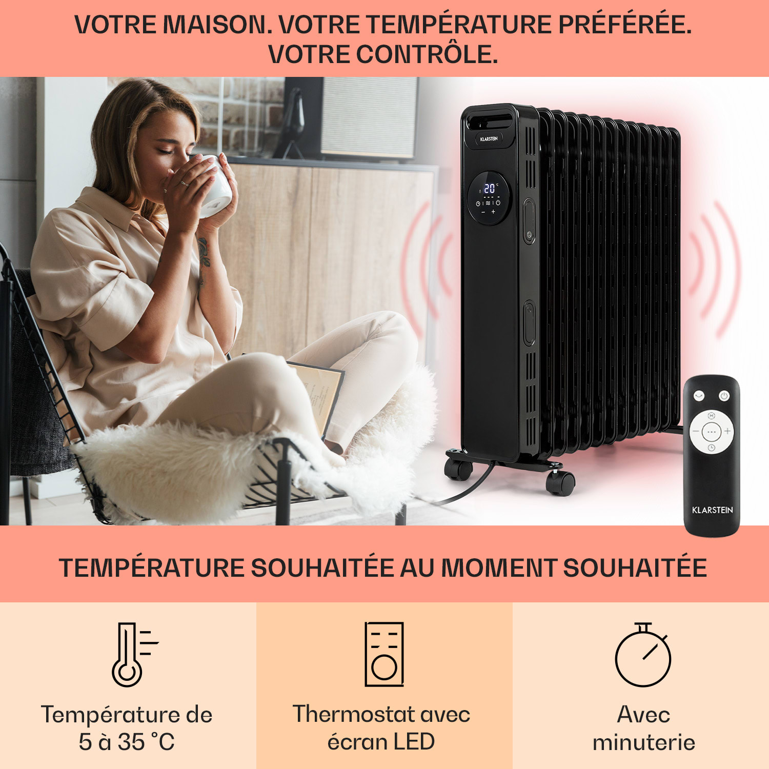 Thermaxx Heatstream Radiateur à huile 2500 W 5-35 °C minuterie 24h Noir
