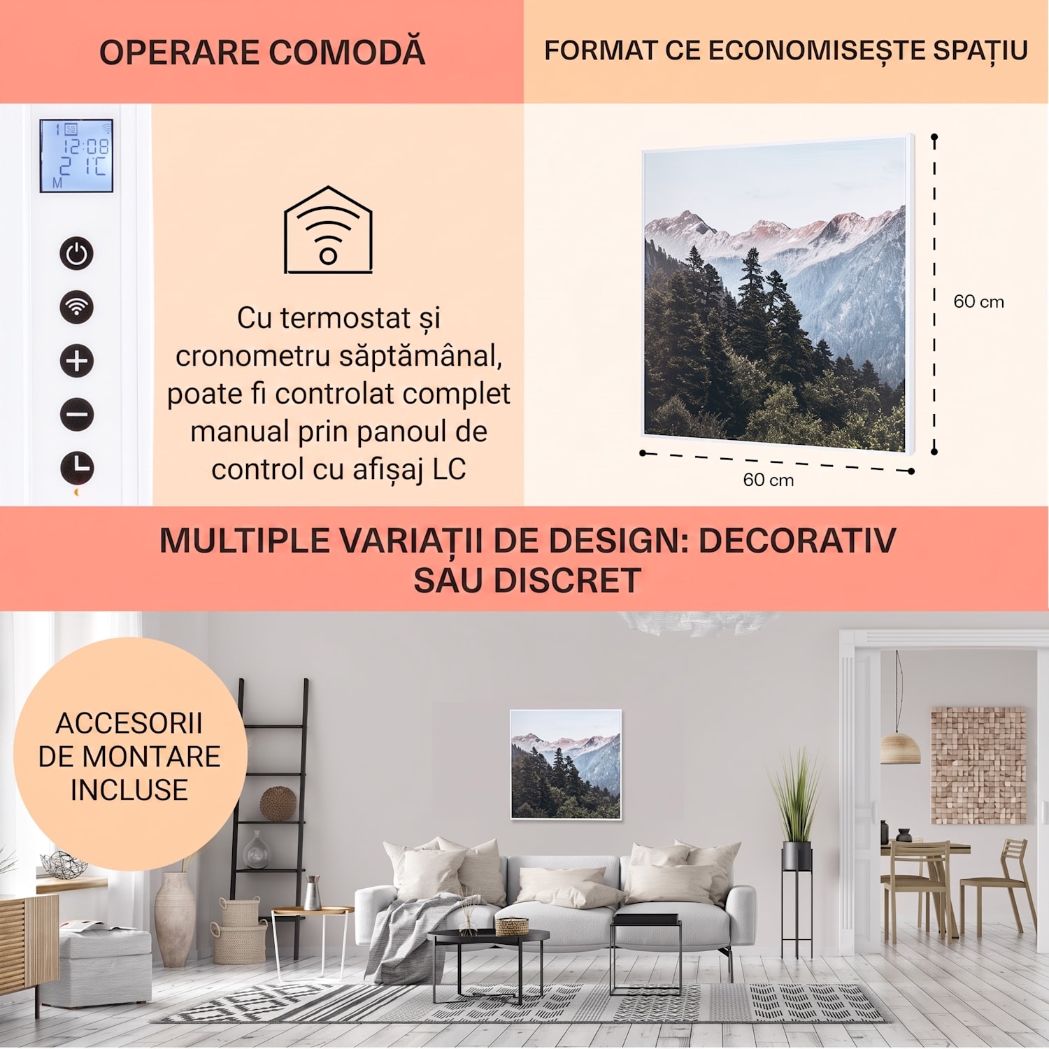 Wonderwall Air Art Smart, încălzitor cu infraroșu, 60 x 60 cm, 350 W, aplicație, munte 