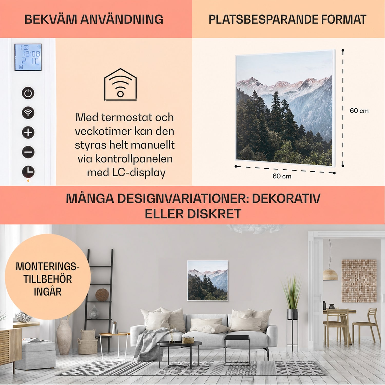 Wonderwall Air Art Smart infravärmare 60x60cm 350 W app Berg 60 x 60 cm | 350 W | Berg