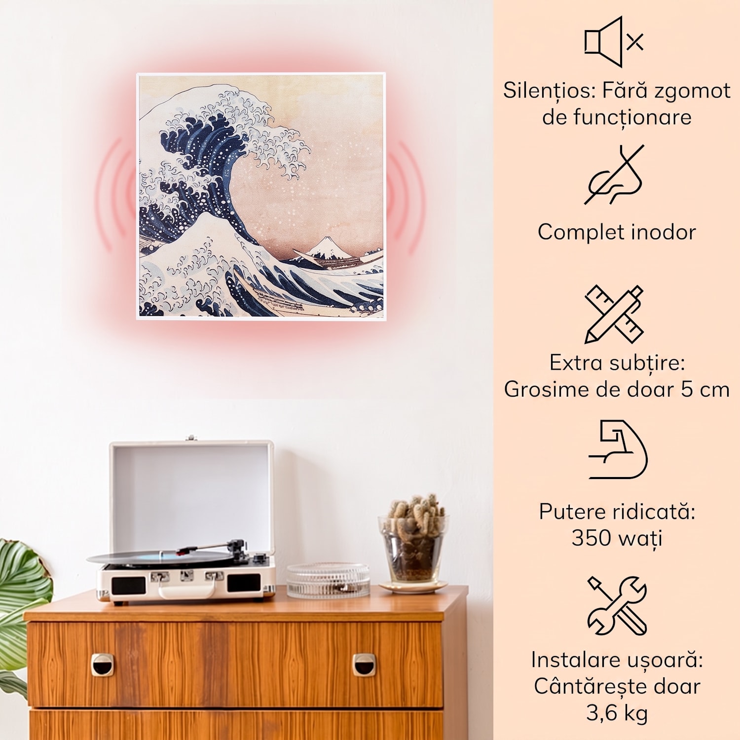 Wonderwall Air Art Smart, încălzitor cu infraroșu, 60 x 60 cm, 350 W, aplicație, valuri 60 x 60 cm | 350 W | Val