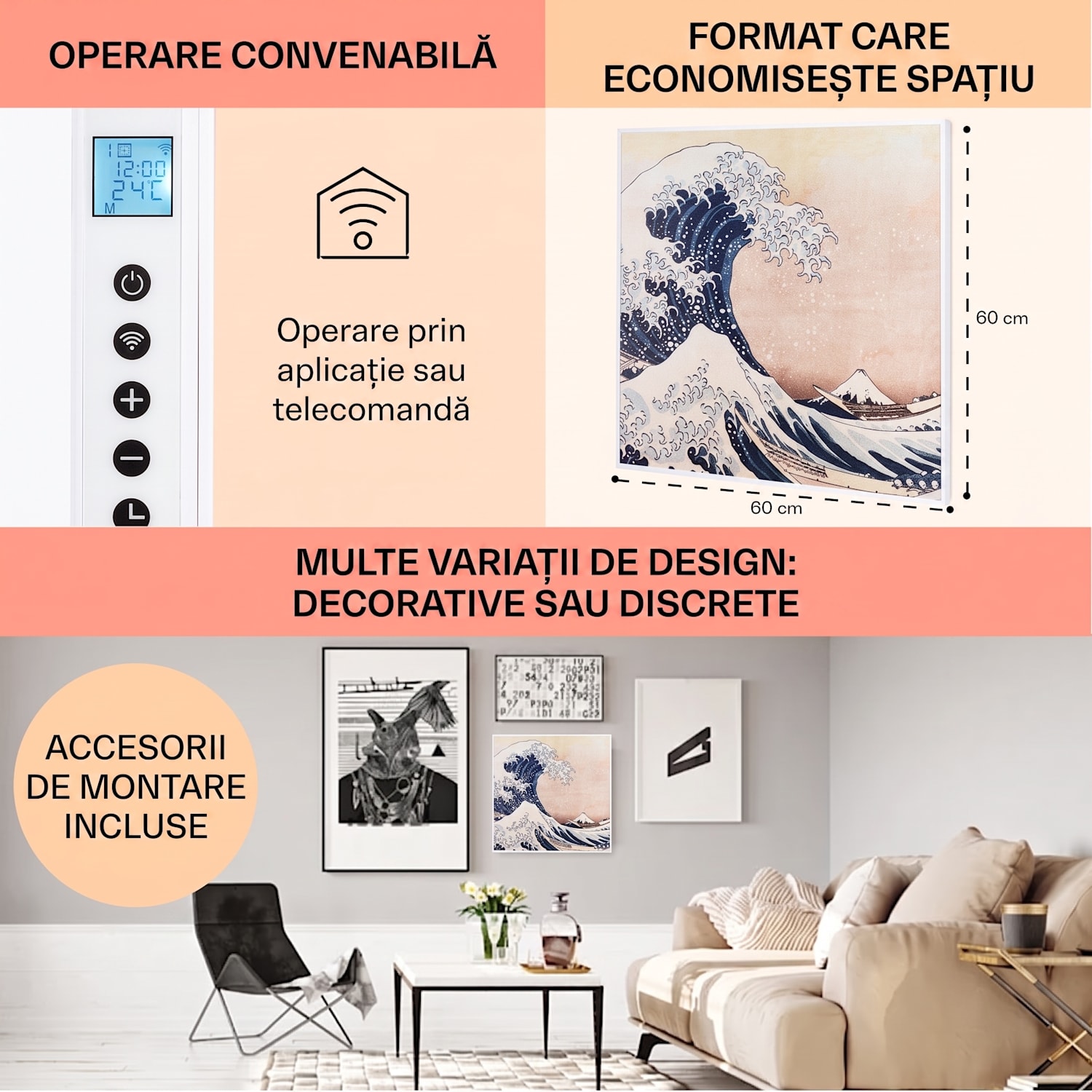 Wonderwall Air Art Smart, încălzitor cu infraroșu, 60 x 60 cm, 350 W, aplicație, valuri 60 x 60 cm | 350 W | Val
