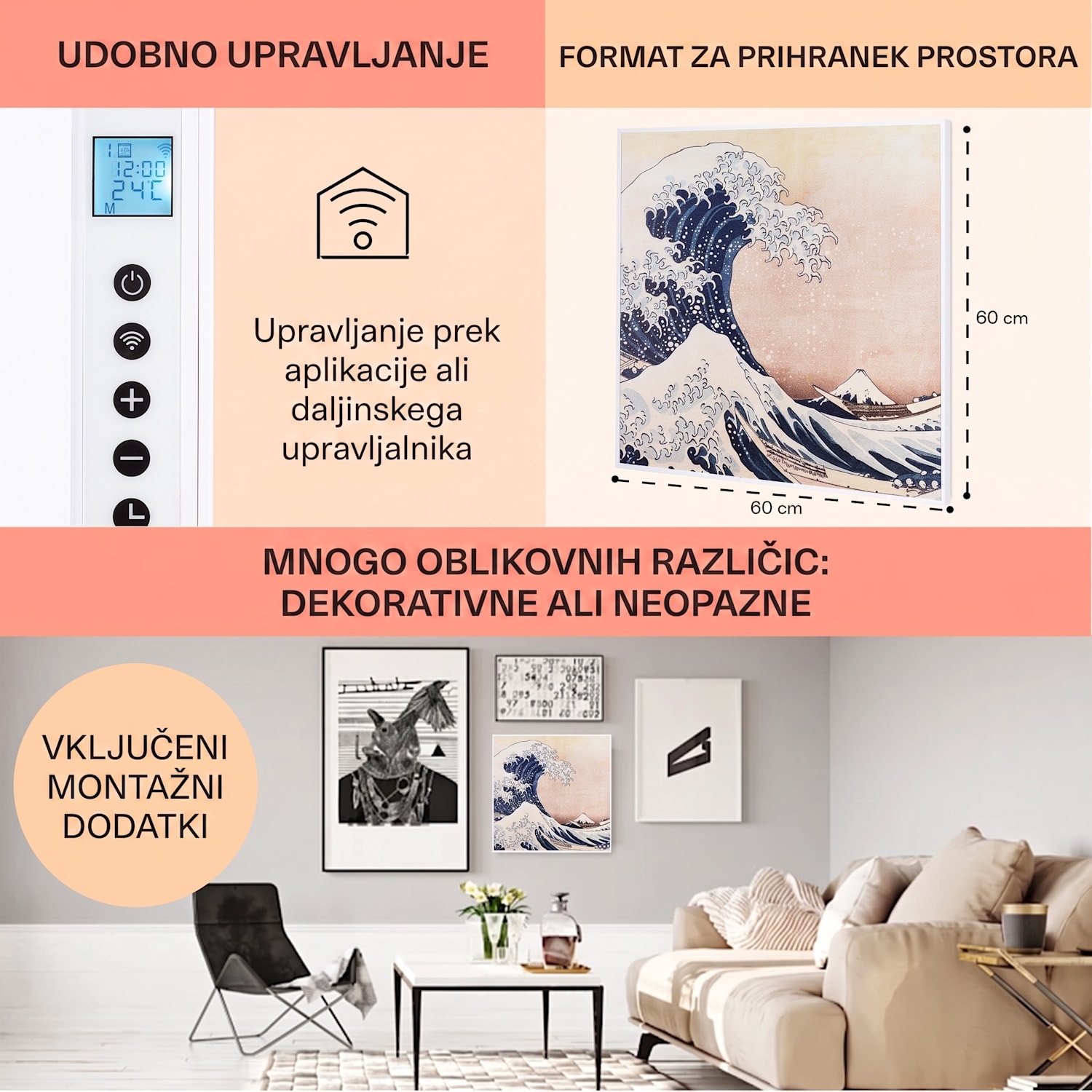 Wonderwall Air Art Smart, infrardeči grelec, 60 x 60 cm, 350 W, aplikacija, valovi 60 x 60 cm | 350 W | Val