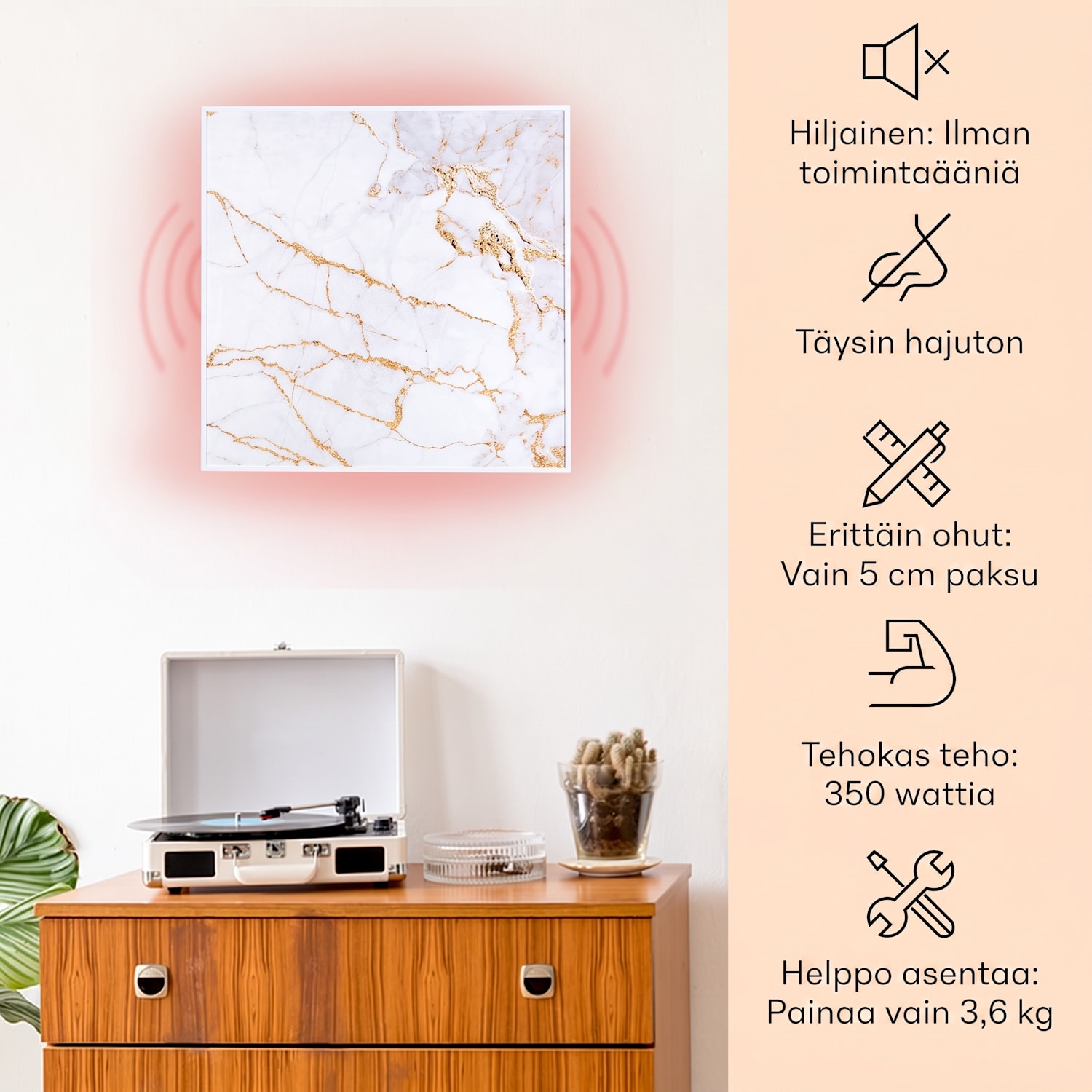 Wonderwall Air Art Smart infrapunalämmitin 60 x 60 cm 350 W sovellus marmori I 60 x 60 cm/design: marmori I