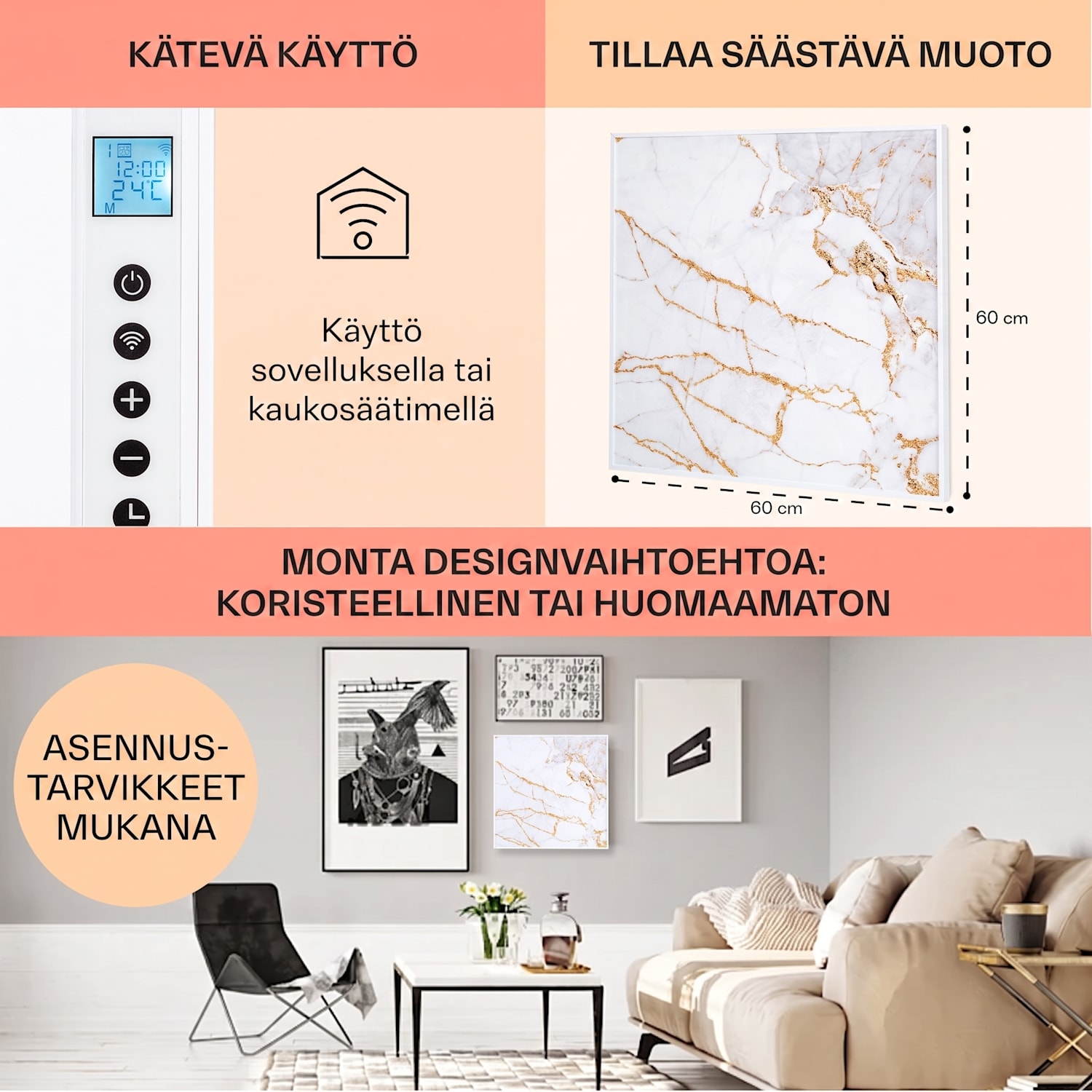 Wonderwall Air Art Smart infrapunalämmitin 60 x 60 cm 350 W sovellus marmori I 60 x 60 cm/design: marmori I