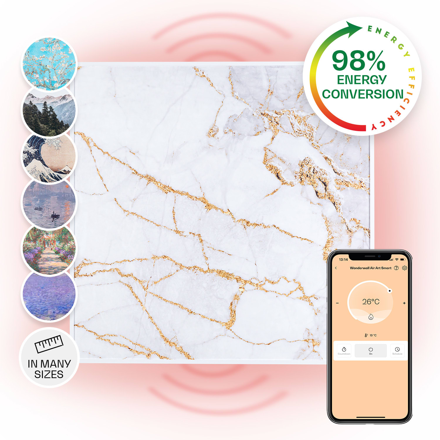 Wonderwall Air Art Smart, infravörös hősugárzó, 60 x 60 cm, 350 W, alkalmazás, márvány I 60 x 60 cm / Design: Marble I