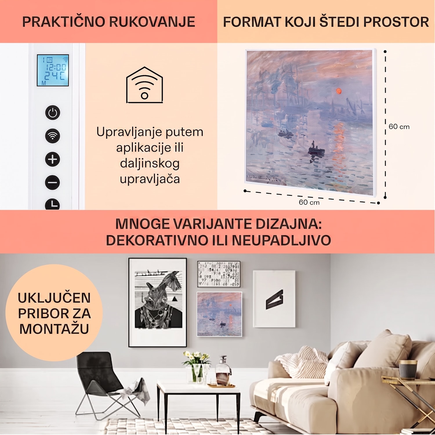 Wonderwall Air Art Smart, infracrveni grijač, 60 x 60 cm, 350 W, aplikacija, izlazak sunca 60 x 60 cm | 350 W | Izlazak sunca