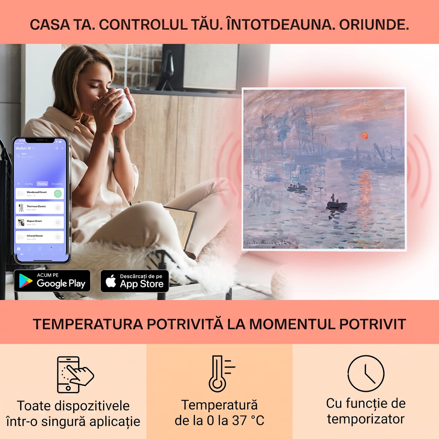 Wonderwall Air Art Smart, încălzitor cu infraroșu, 60 x 60 cm, 350 W, aplicație, răsăritul soarelui 60 x 60 cm | 350 W | Răsărit